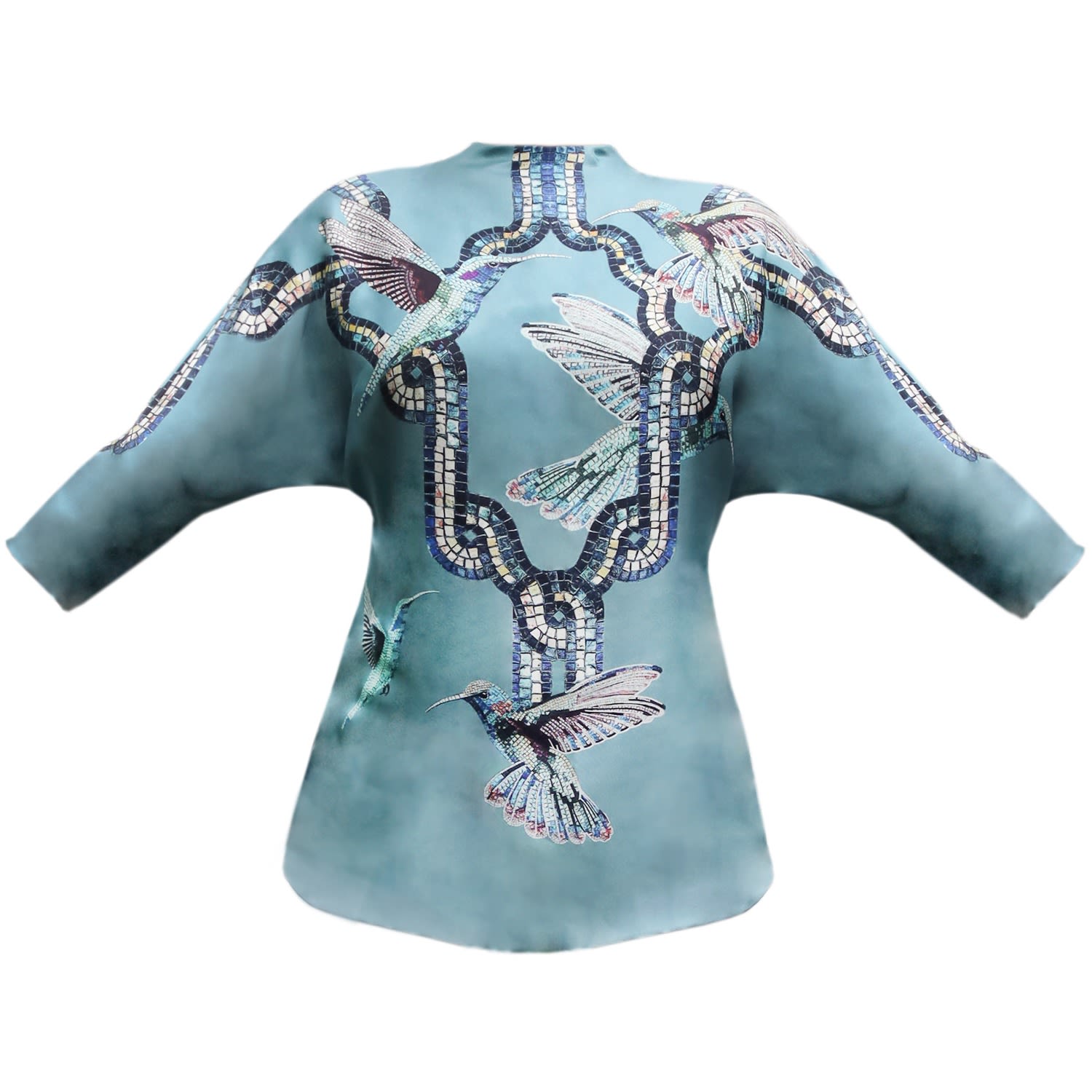 Cassandra Hone Women's Blue Kimono Blouse - Teal - Hummingbird Print In Blue