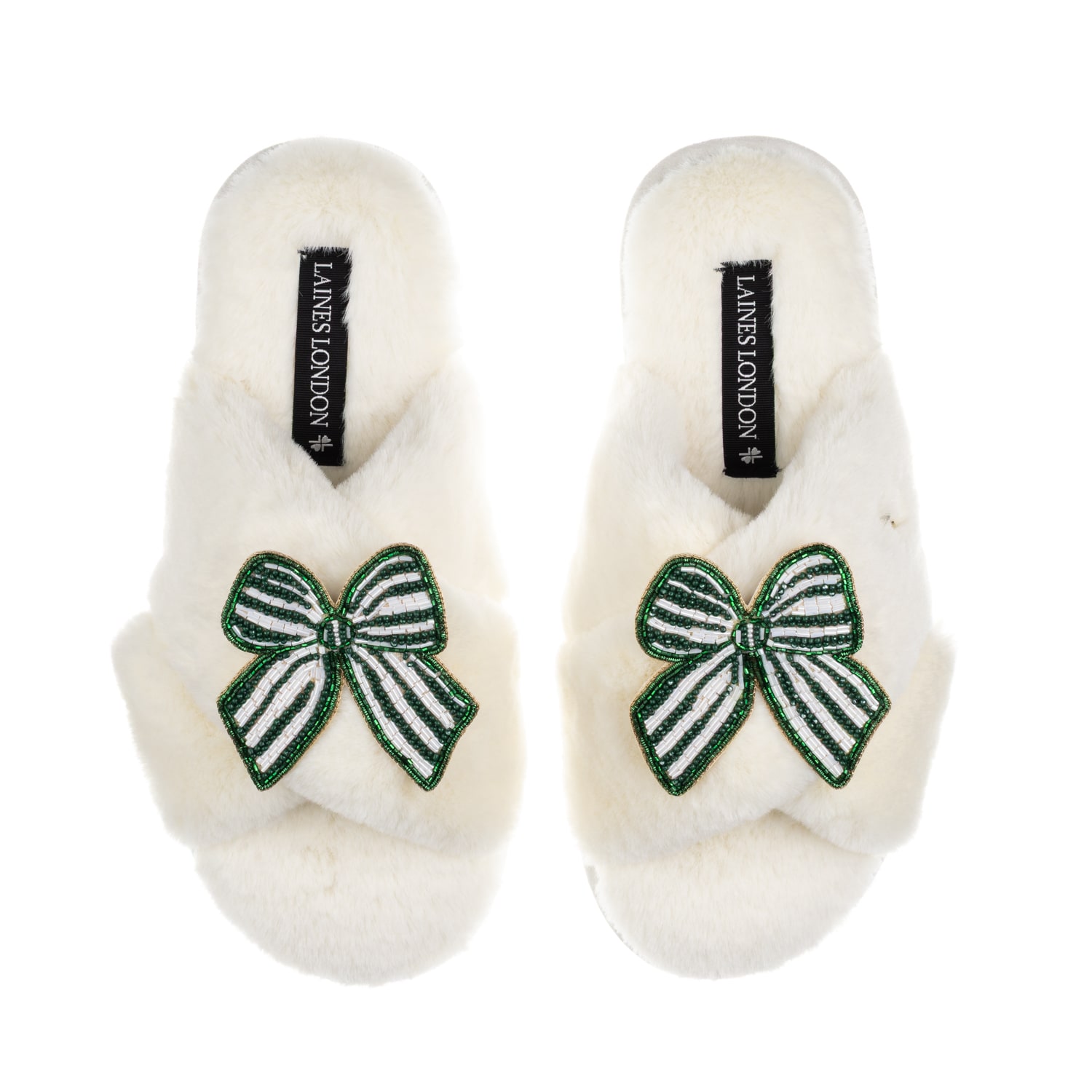 Laines London Women's Neutrals / White Classic Laines Slippers With Green Stripe Bow Brooches - Cream In White