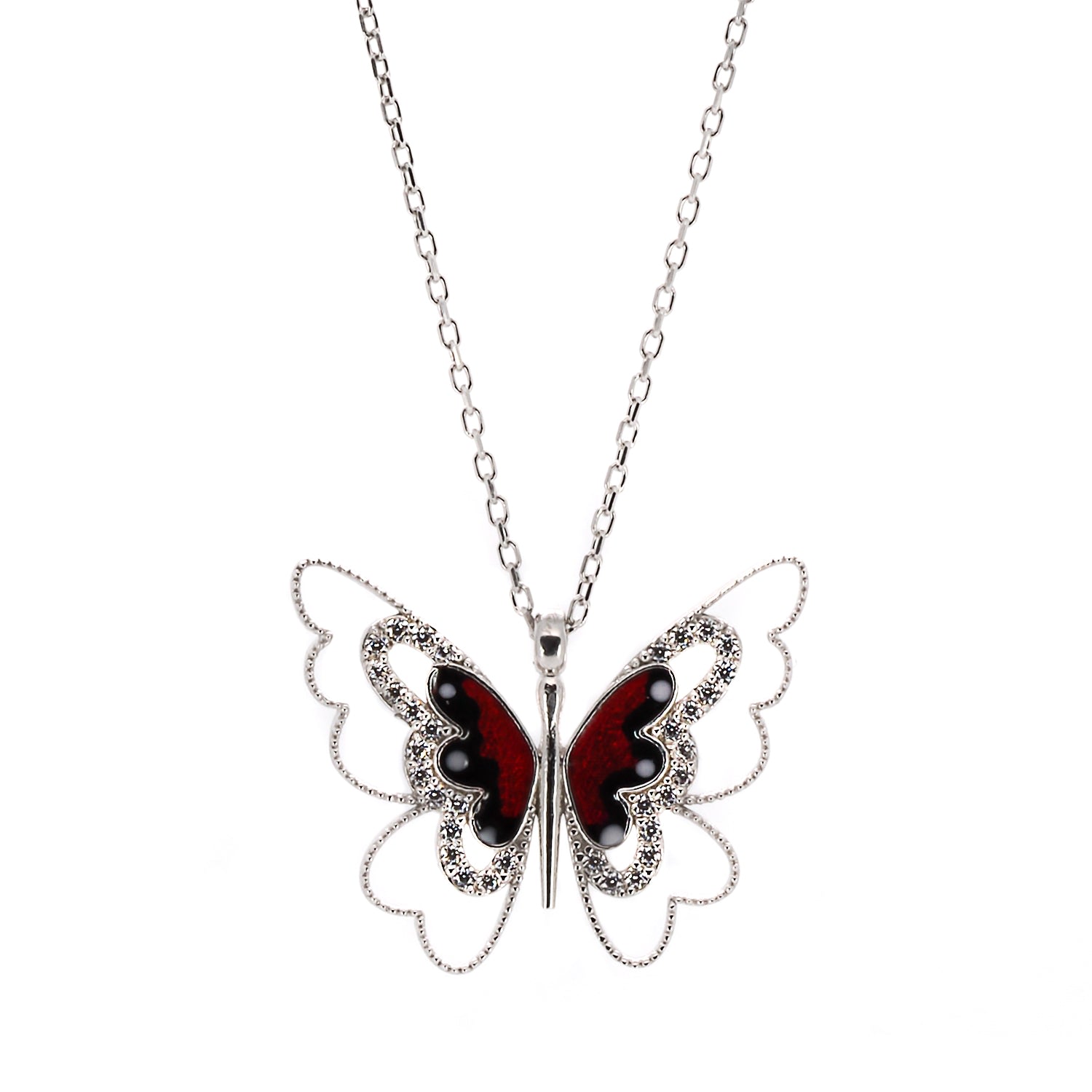 Women’s Black / Red / Silver Peace Red Butterfly Sterling Silver Pendant Necklace - Silver Ebru Jewelry