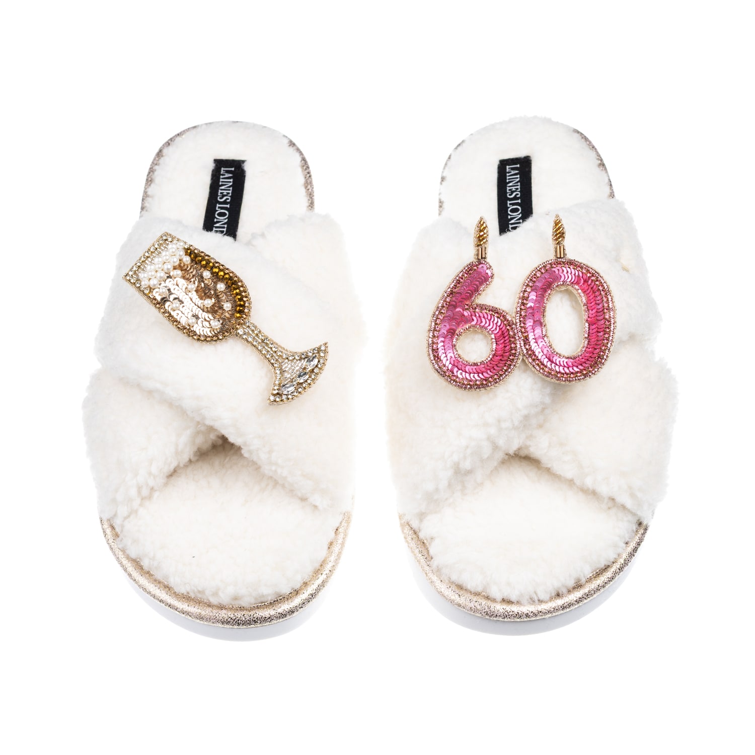 Women’s Neutrals / White Laines Neutral Boucle Slippers With 60Th Birthday & Champers Brooches – Cream | Small | Laines London
