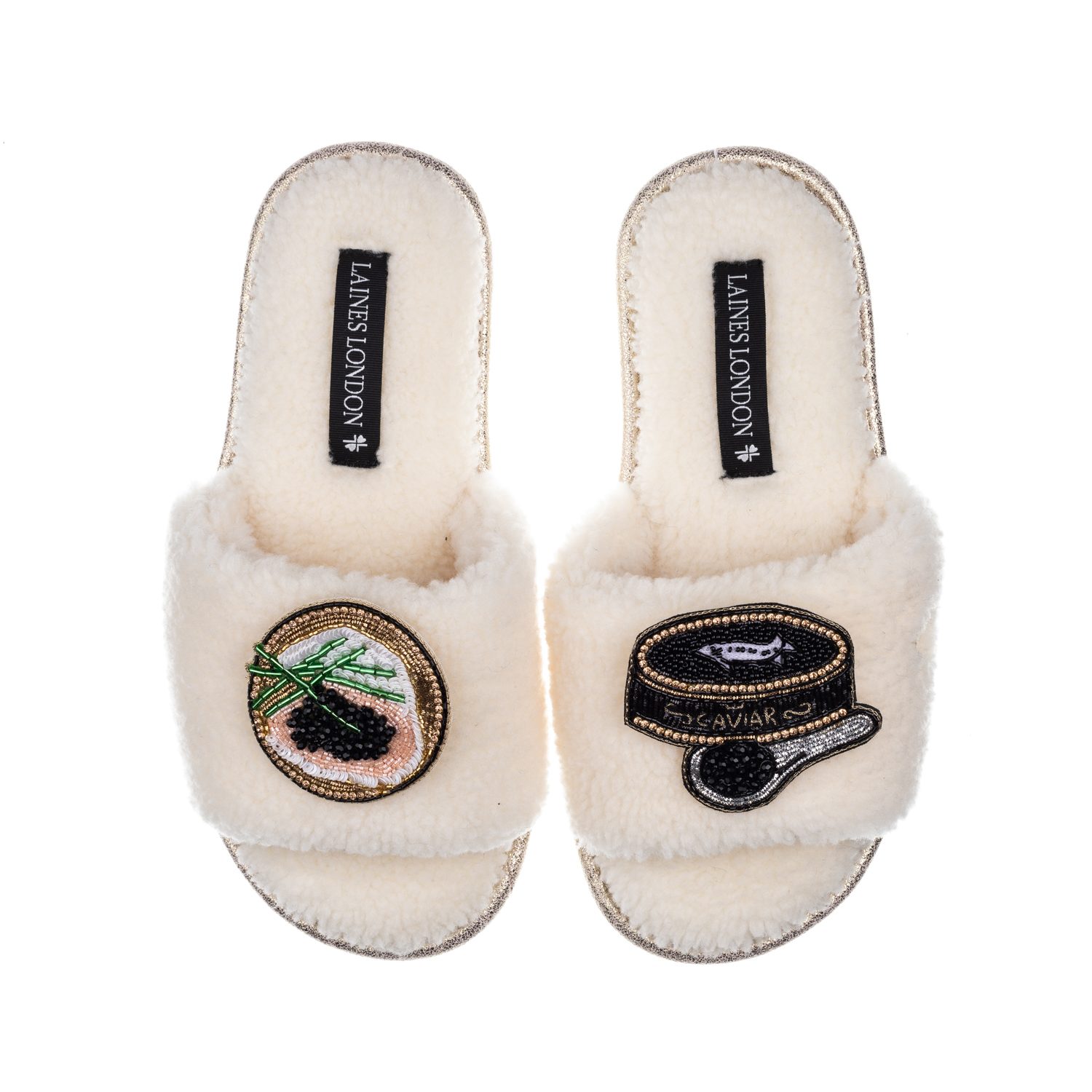 Laines London Women's White Teddy Toweling Slipper Sliders With Caviar & Blini Brooches - Cream In White