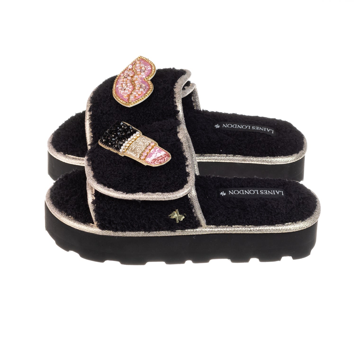 Women’s Terry Towelling Flatform Sliders With Pink & Gold Pucker Up Brooches - Black Small Laines London