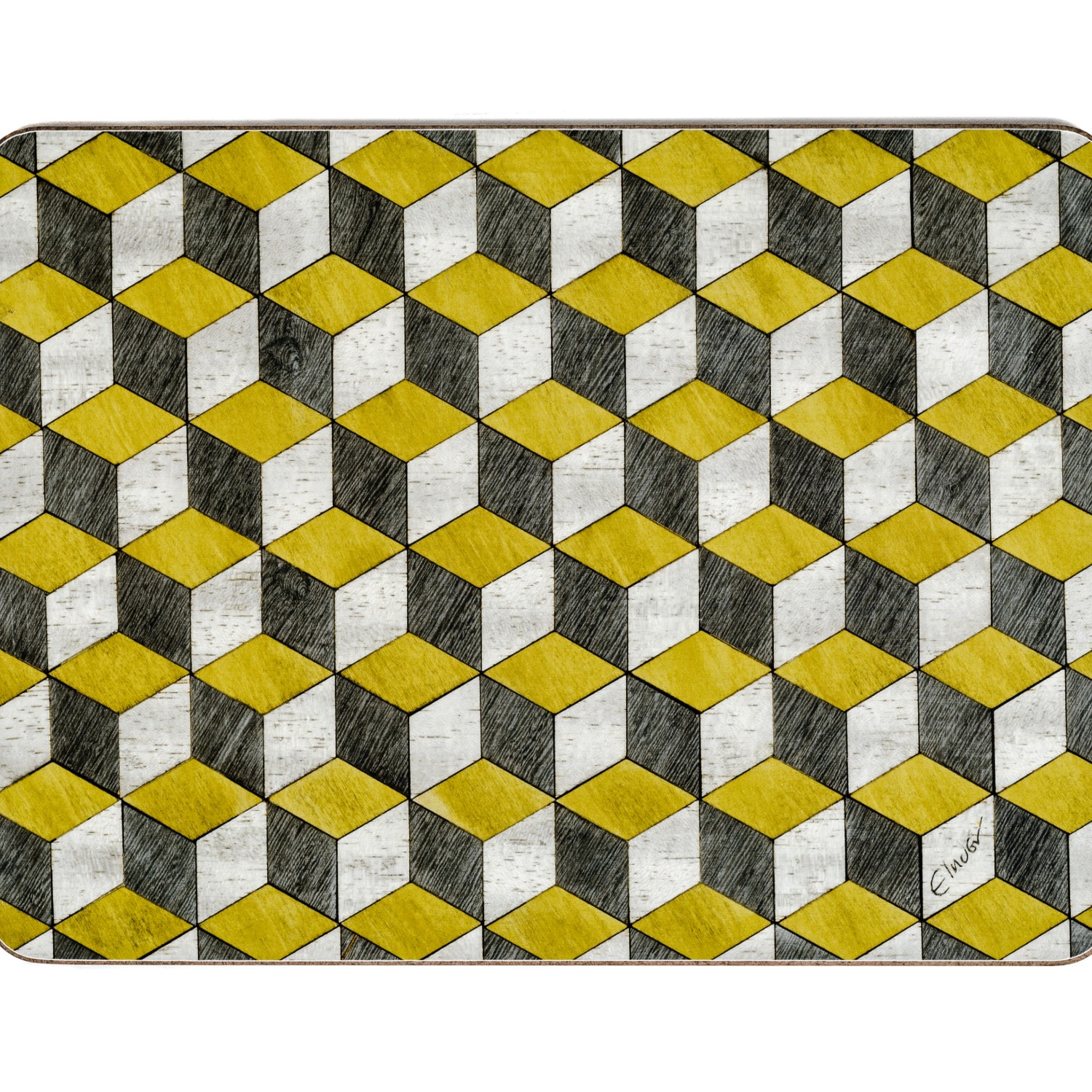 Grey / Yellow / Orange Six Placemats In Mid Century Modern Yellow And Greys With Heat Resistant Melamine. Tied With Ribbon For Gifting. Please Measure Plate Before Purchase E. Inder Designs