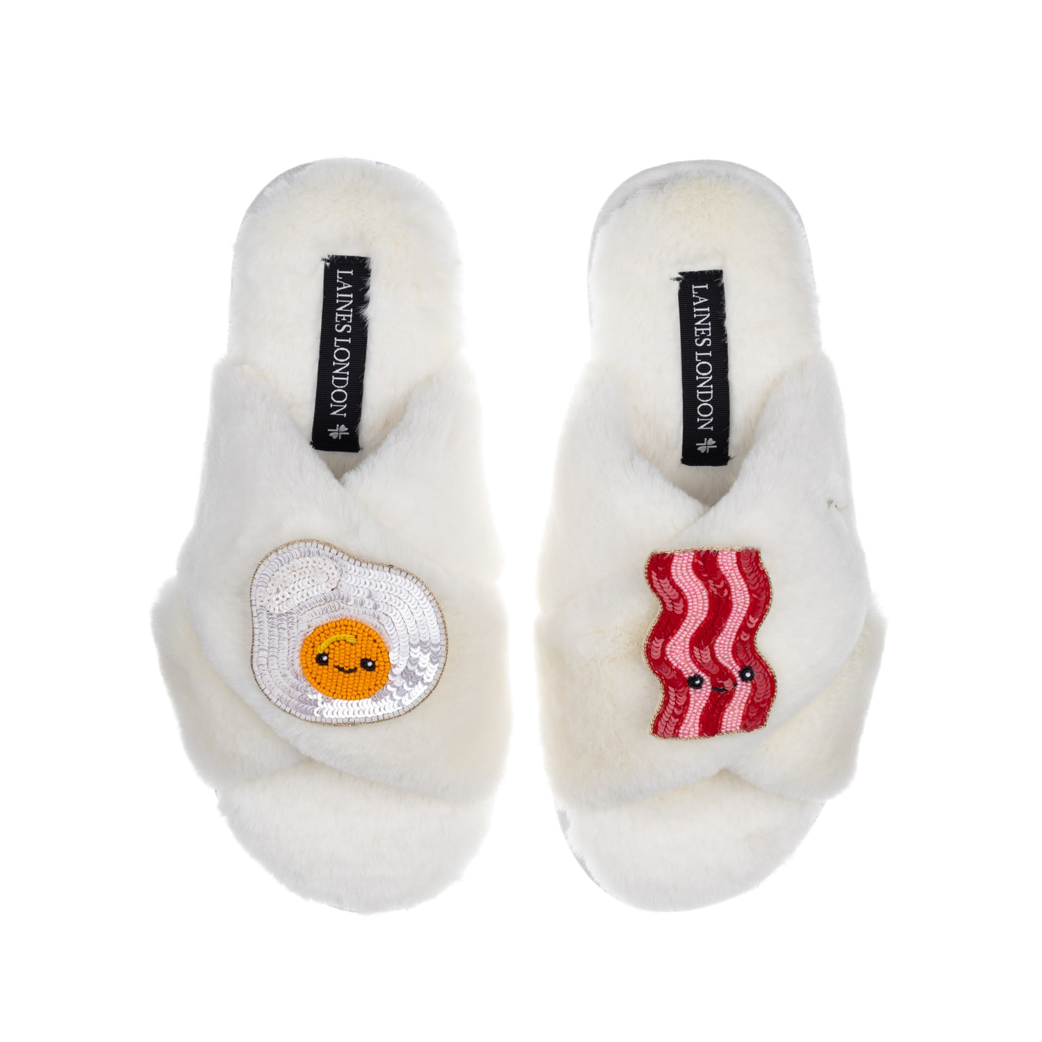 Laines London Women's White Classic Slippers With Laines Loveables Egg & Bacon Brooches - Cream In White