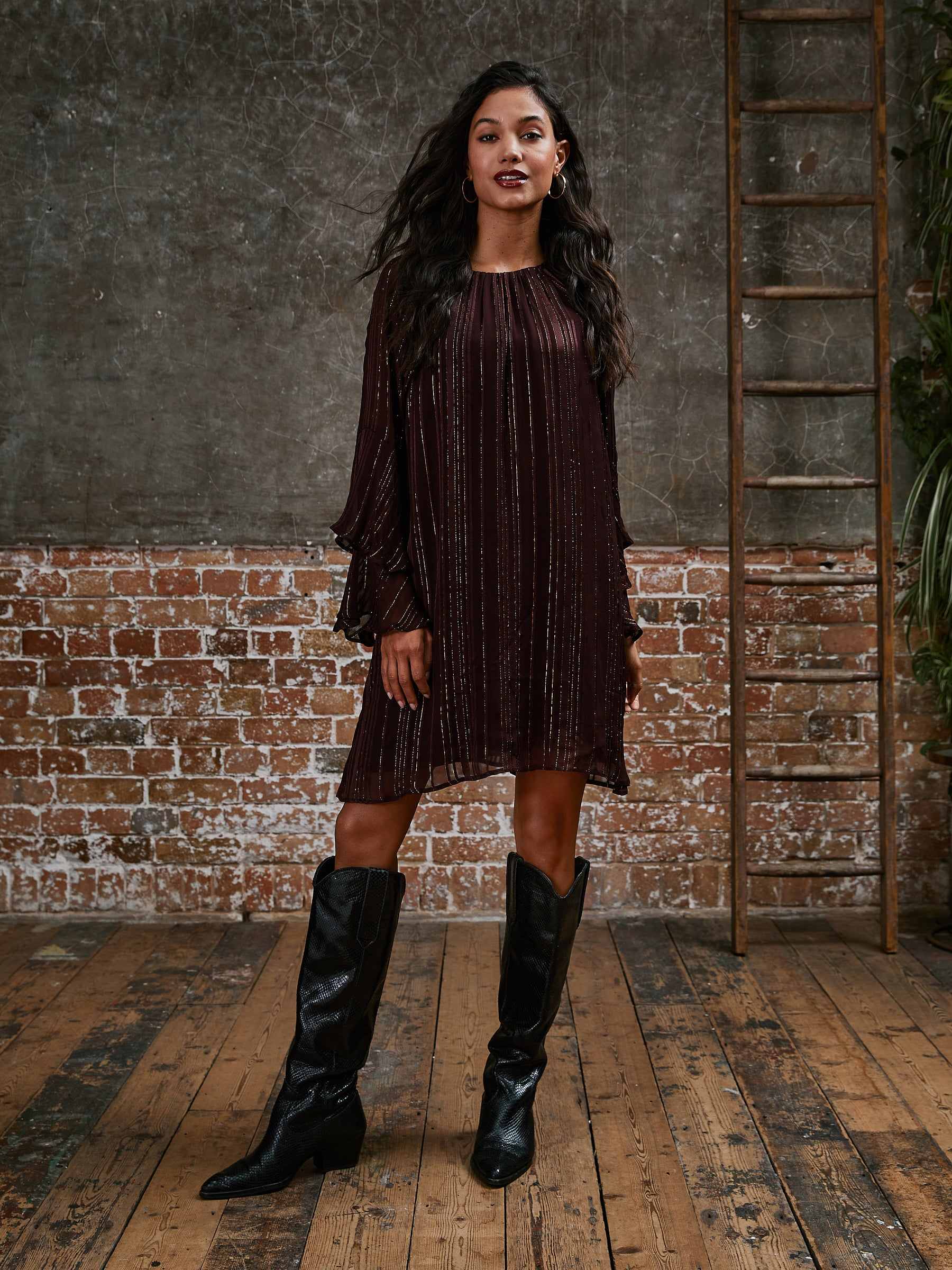 knee length dresses for ladies Kaia Burgundy Flute Sleeve Mini Dress – Rose & Nancy main image 0