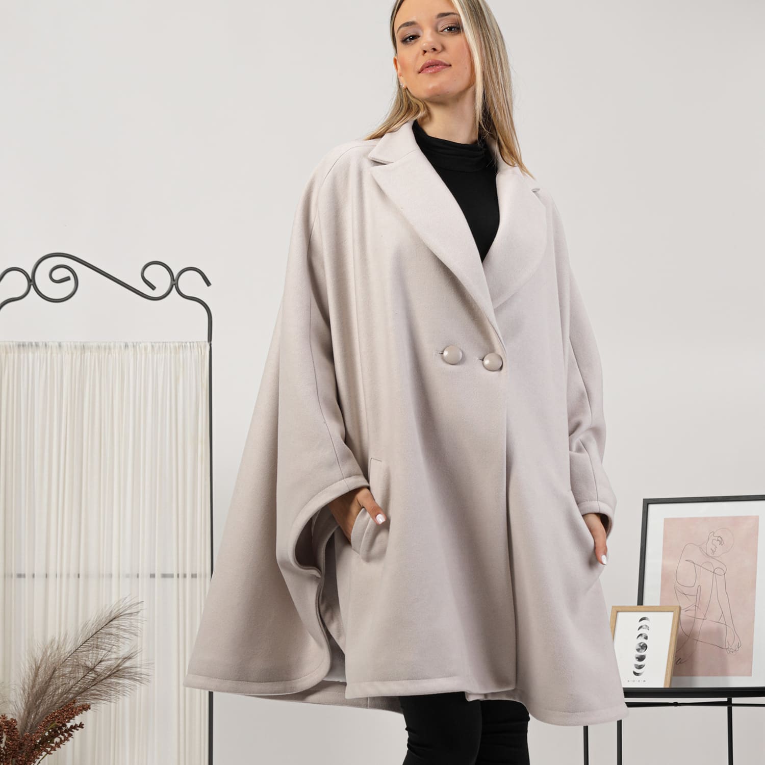 Wool Poncho Cape Coat With Buttons In Off White | Nikka Place