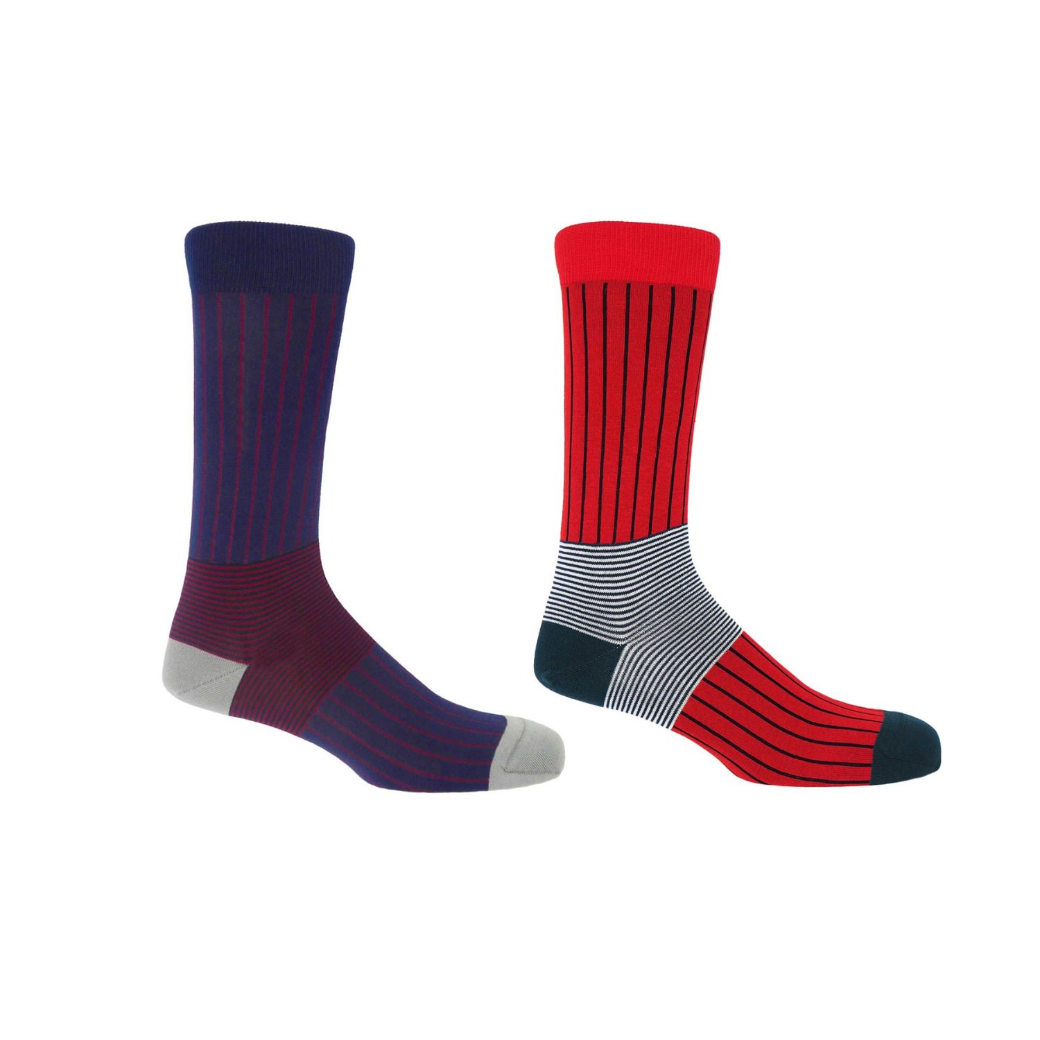 Peper Harow - Made In England Navy & Scarlet Oxford Stripe Men's Socks - 2 Pack In Blue/red