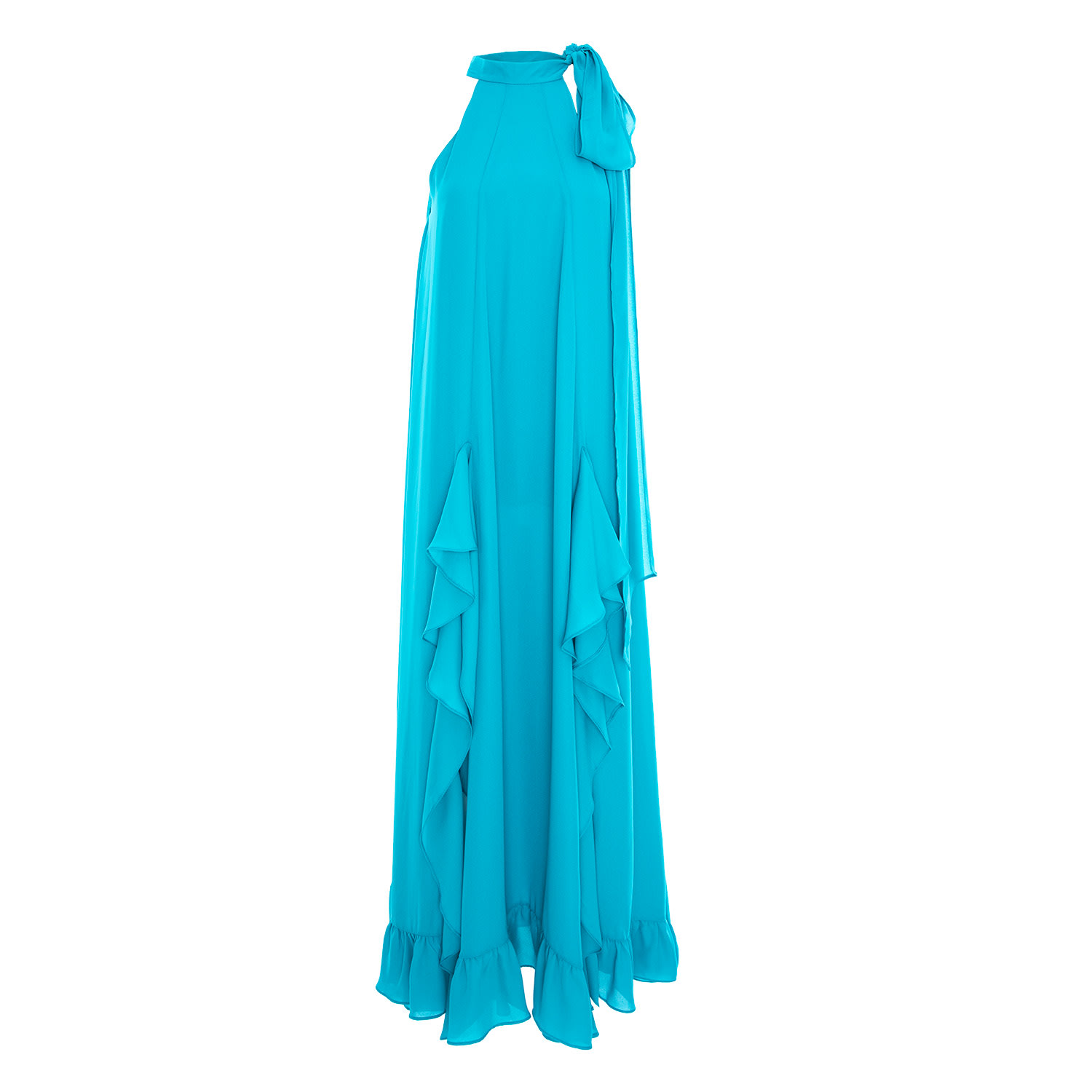 Concept A Trois Women's Blue Turquoise Long Dress With Deep Slits And Ruffles In Blue