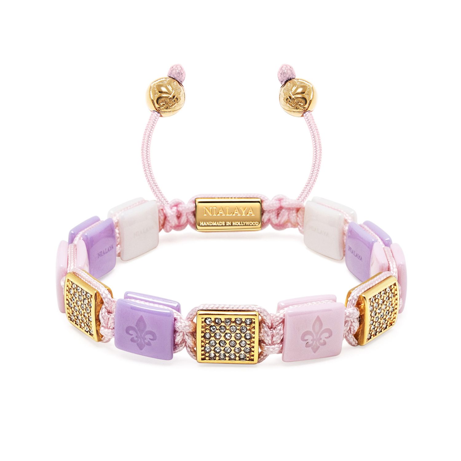 NIALAYA WOMEN'S WHITE, LAVENDER & SOFT PINK CERAMIC FLATBEAD BRACELET WITH GOLD CZ
