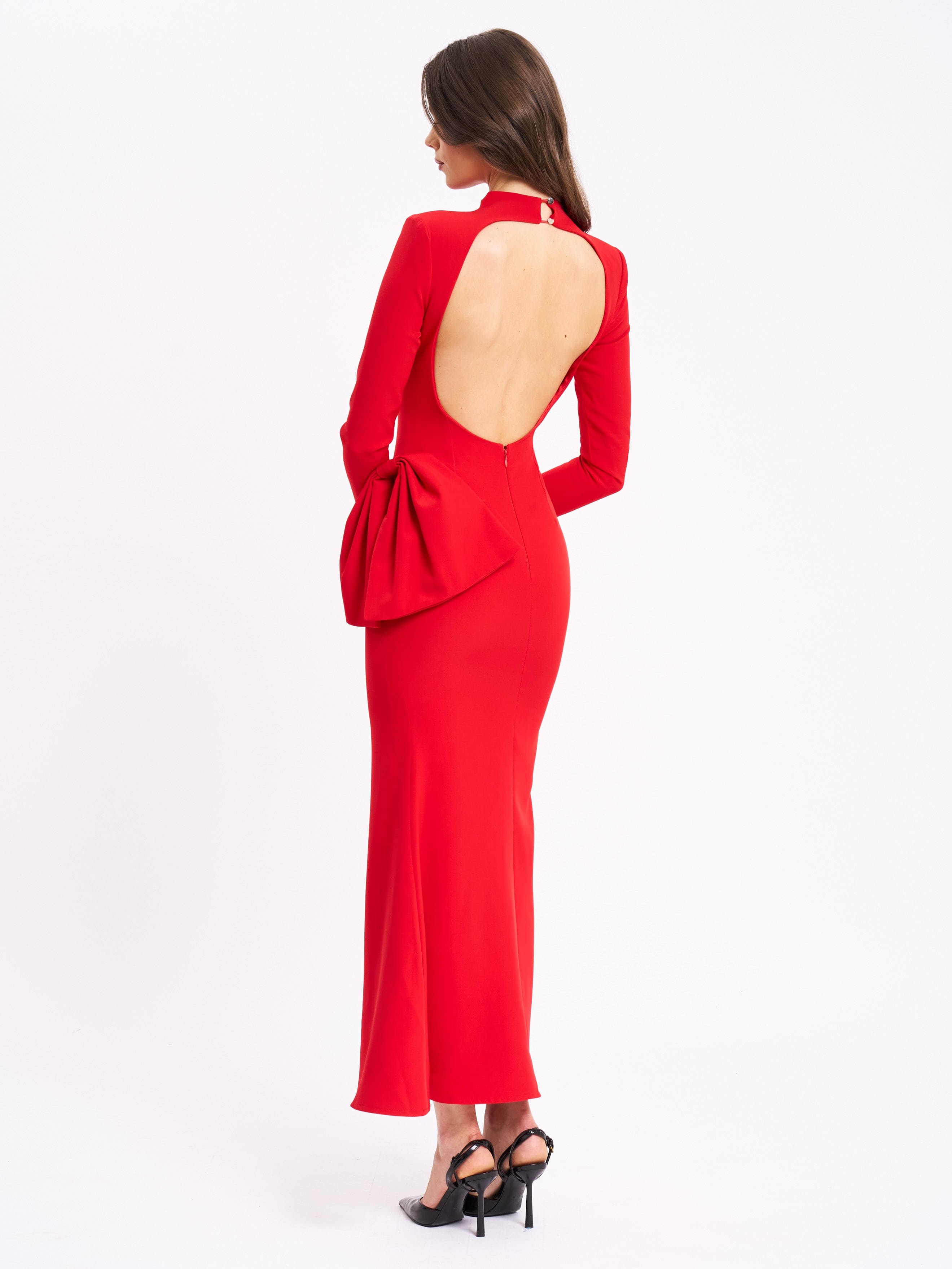 Radha Red Backless Longsleeve Maxi Dress With Bow | Miss Circle New York |  Wolf & Badger