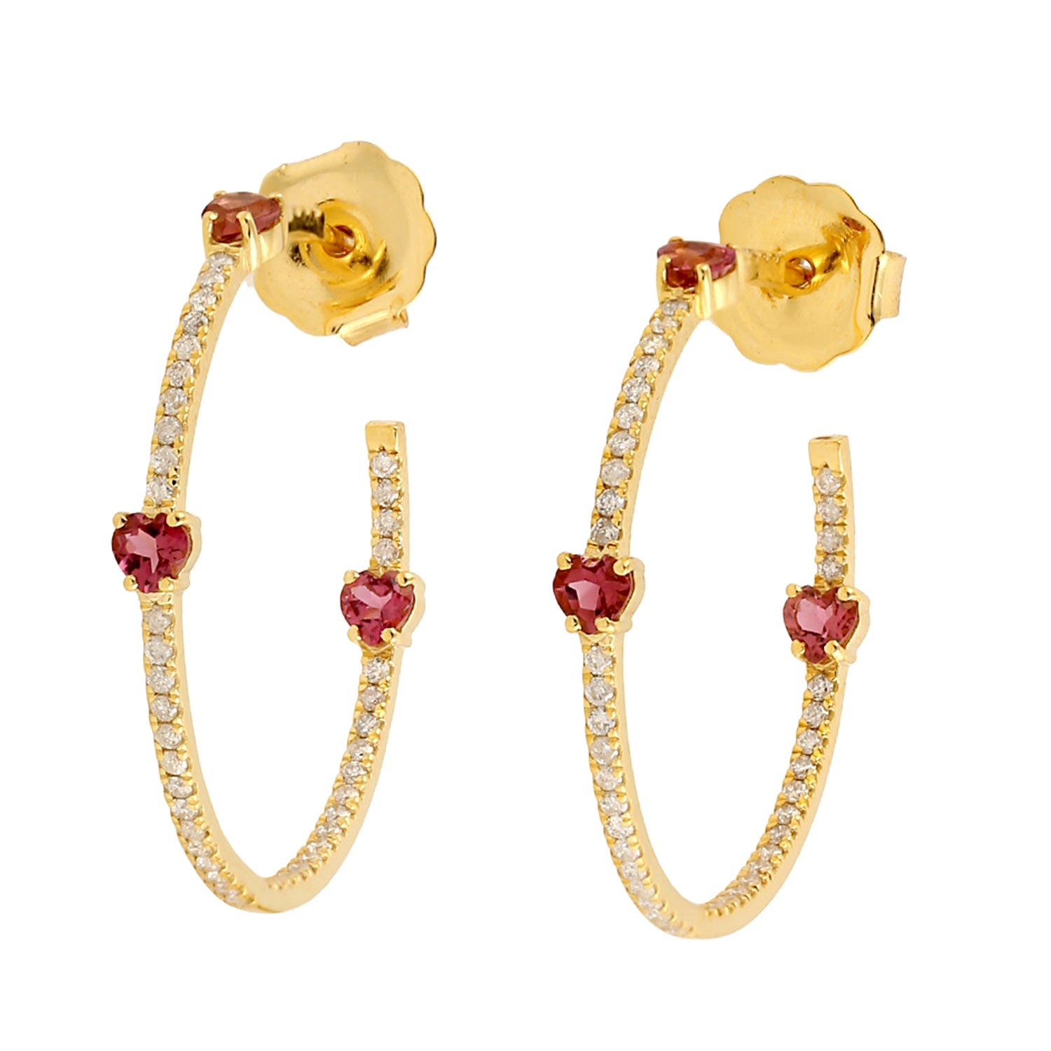 Artisan Women's White / Pink Pink Tourmaline & Diamond Heart Hoop Earrings In 14k Gold In Gold