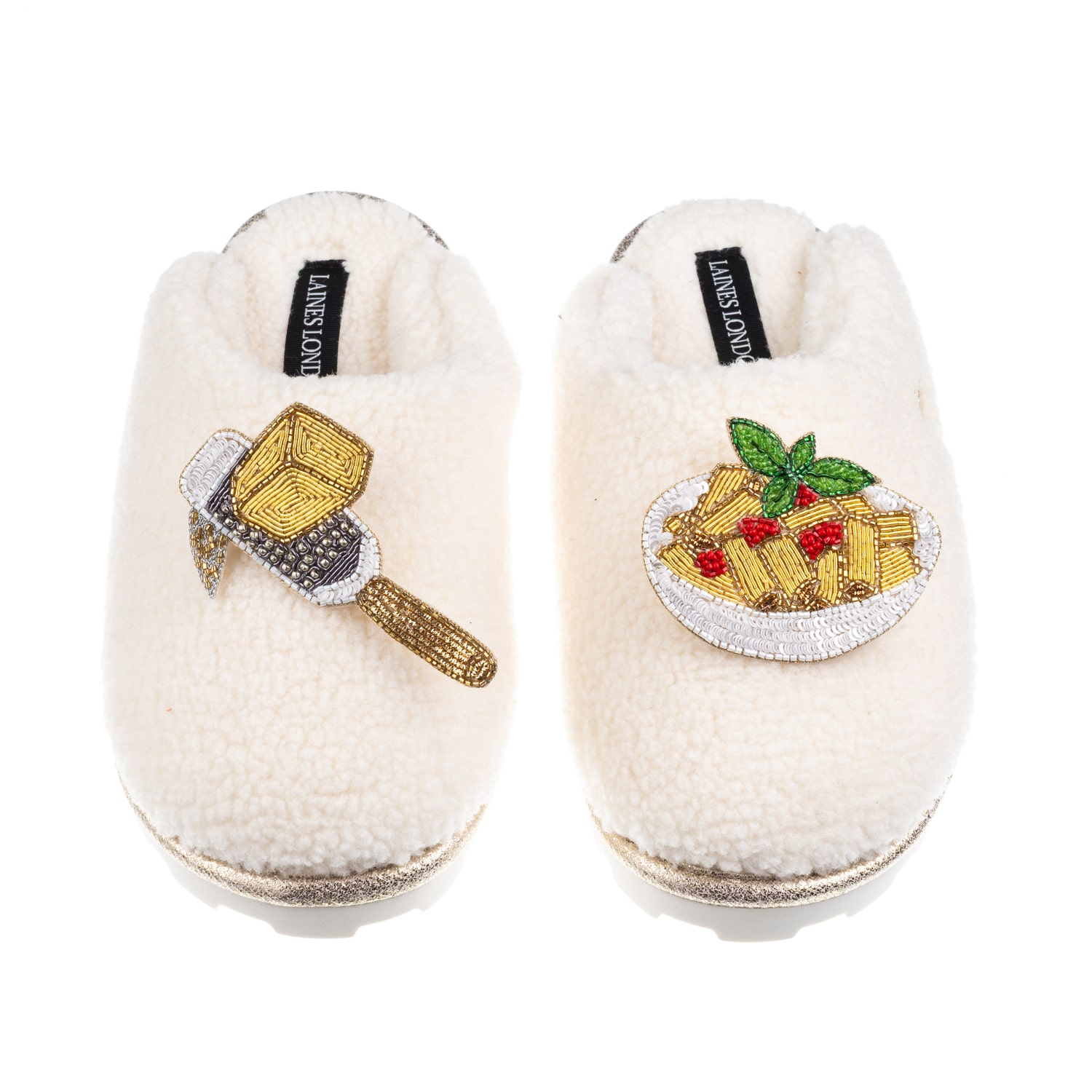 Laines London Women's White / Neutrals Laines X Juliet Closed Toe Slippers With Parmesan & Pasta Brooches - Cream In White