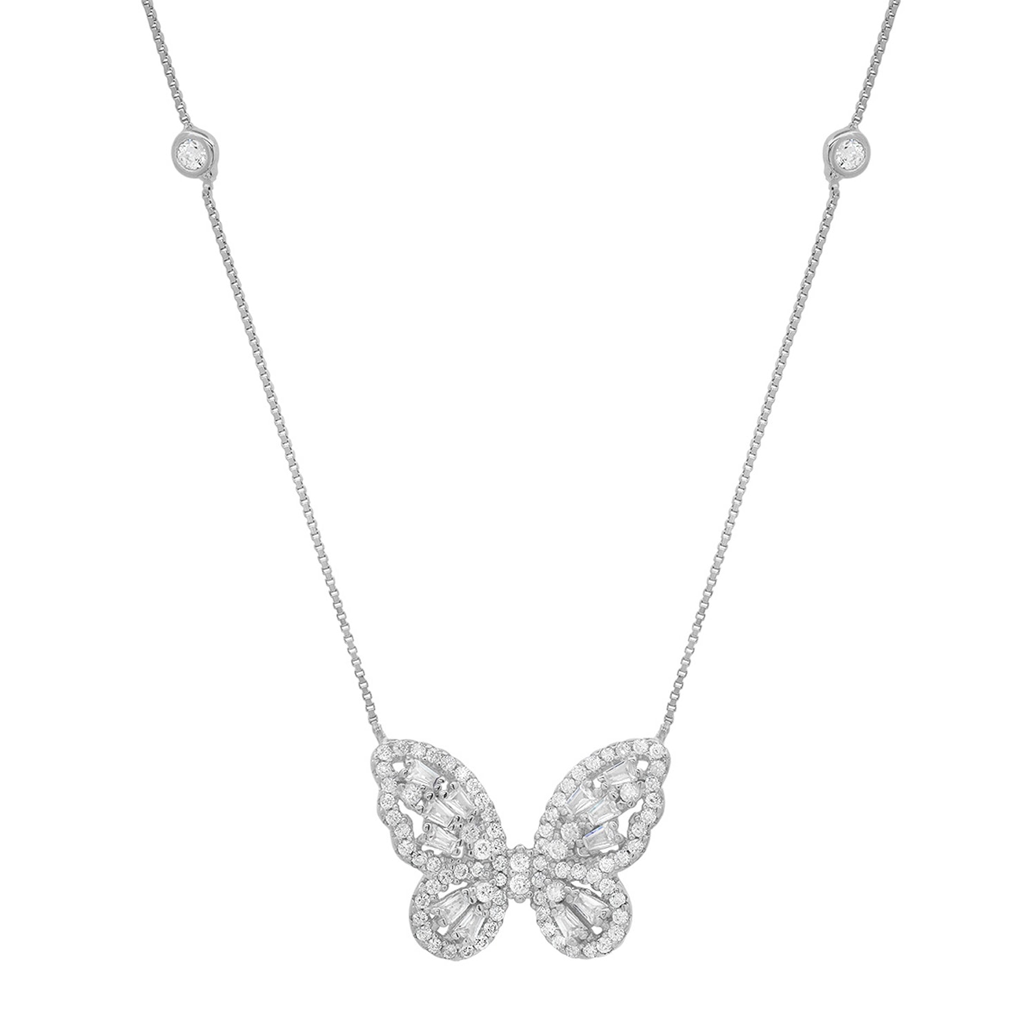 Women’s Silver Baguette Diamond Cz Butterfly Station Necklace Kylie Harper