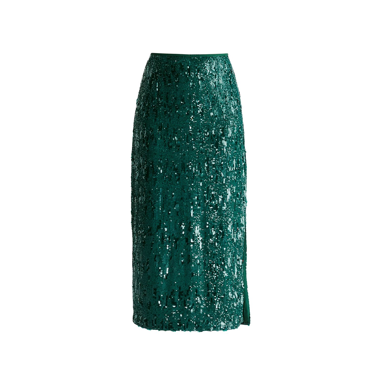 Paisie Women's Sequin Midi Skirt With Side Slit In Green