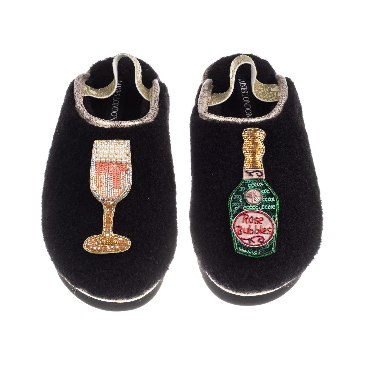 Laines London Women's Black / Gold Flatform Cloud Slippers With Pink Champagne & Glass Brooches - Black In Black