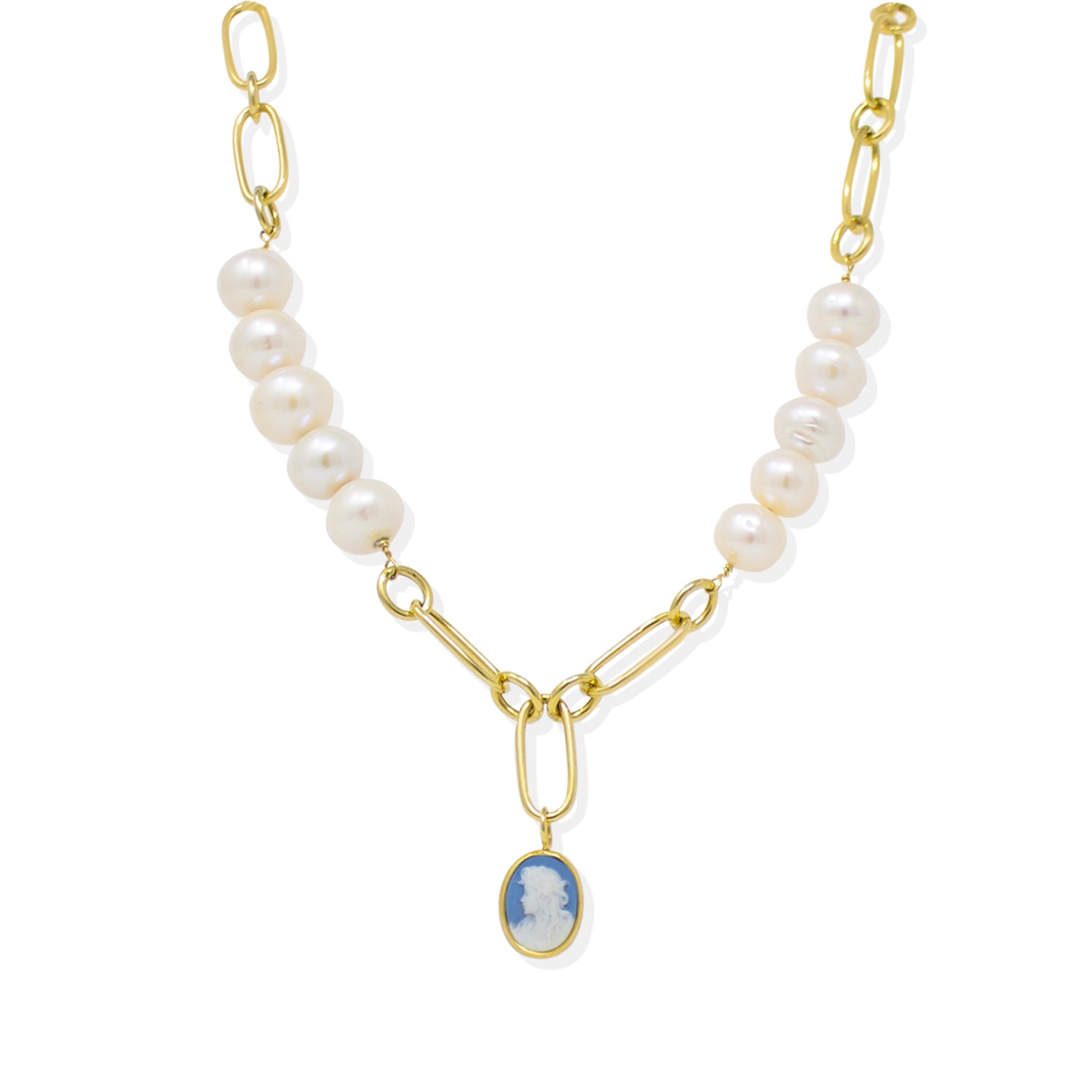 Vintouch Italy Women's Gold / Blue Simonetta Sky Blue Cameo And Pearl Necklace In Multi