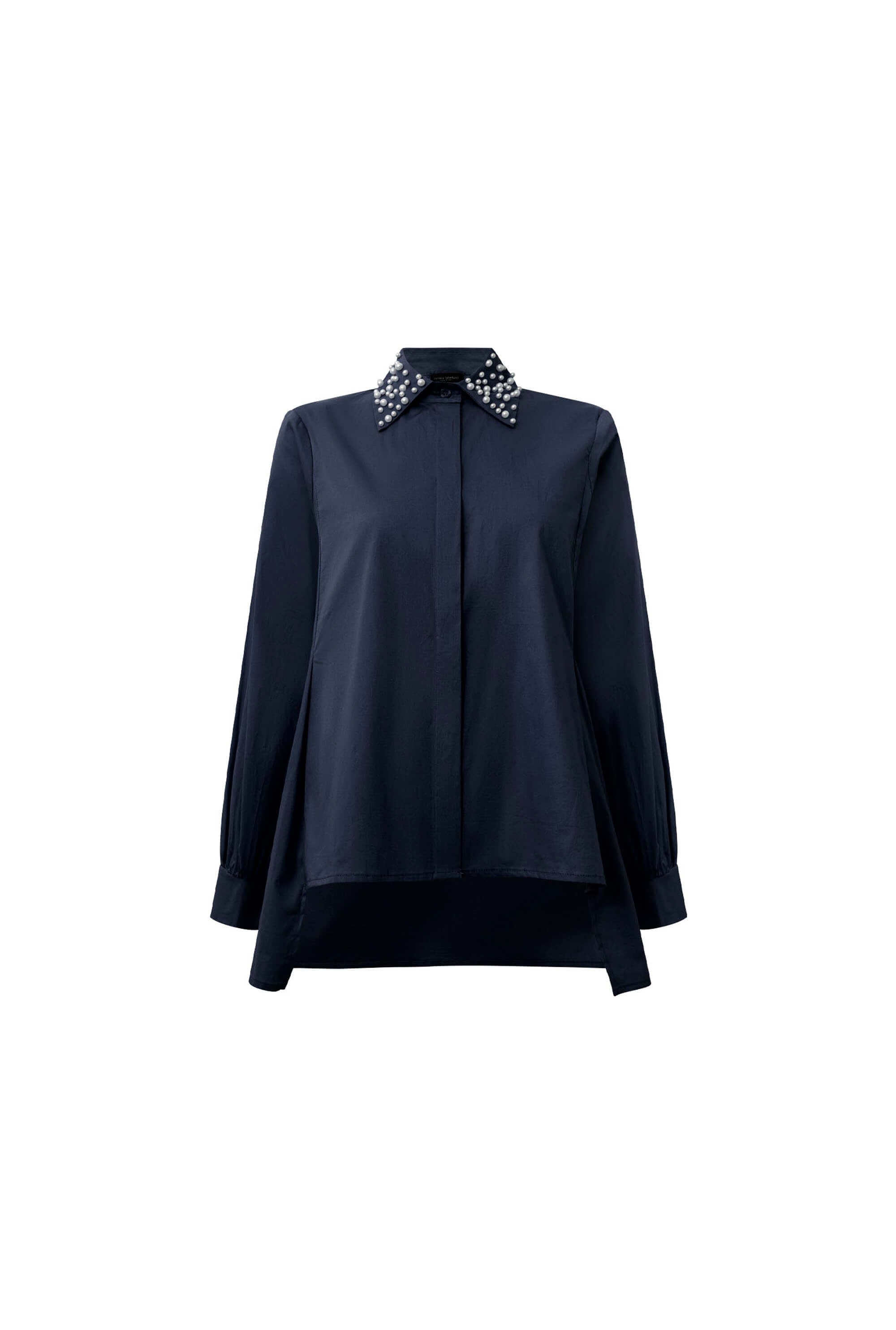James Lakeland Women's Blue Pearl Collar Navy Cotton Shirt