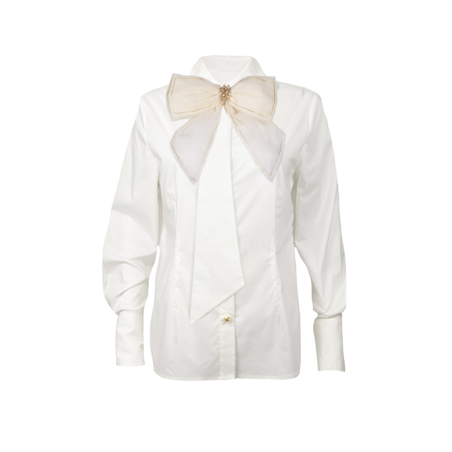 Laines London Women's White / Gold Laines Couture White Tie Shirt With Embellished Cream & Gold Bow In White