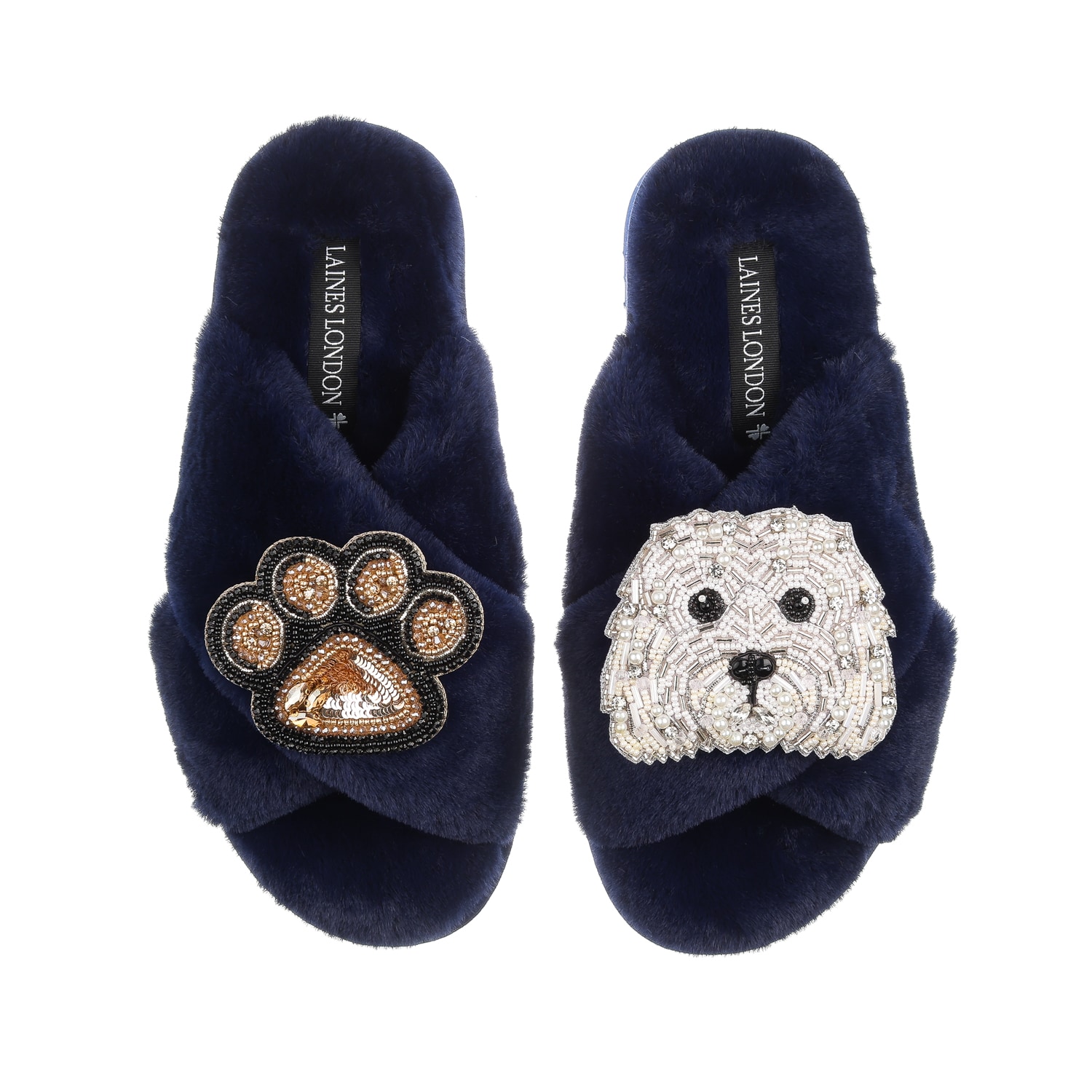 Laines London Women's Blue Classic Laines Slippers With Queenie & Paw Brooches - Navy In Blue