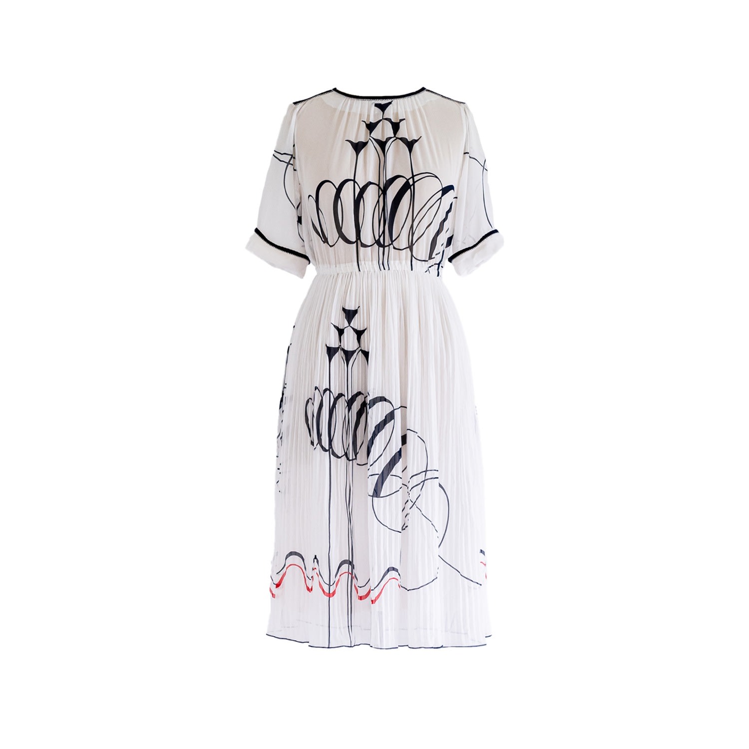 Women’s Vintage White Chiffon Abstract Black Print Midi Dress Small Sugar Cream Vintage