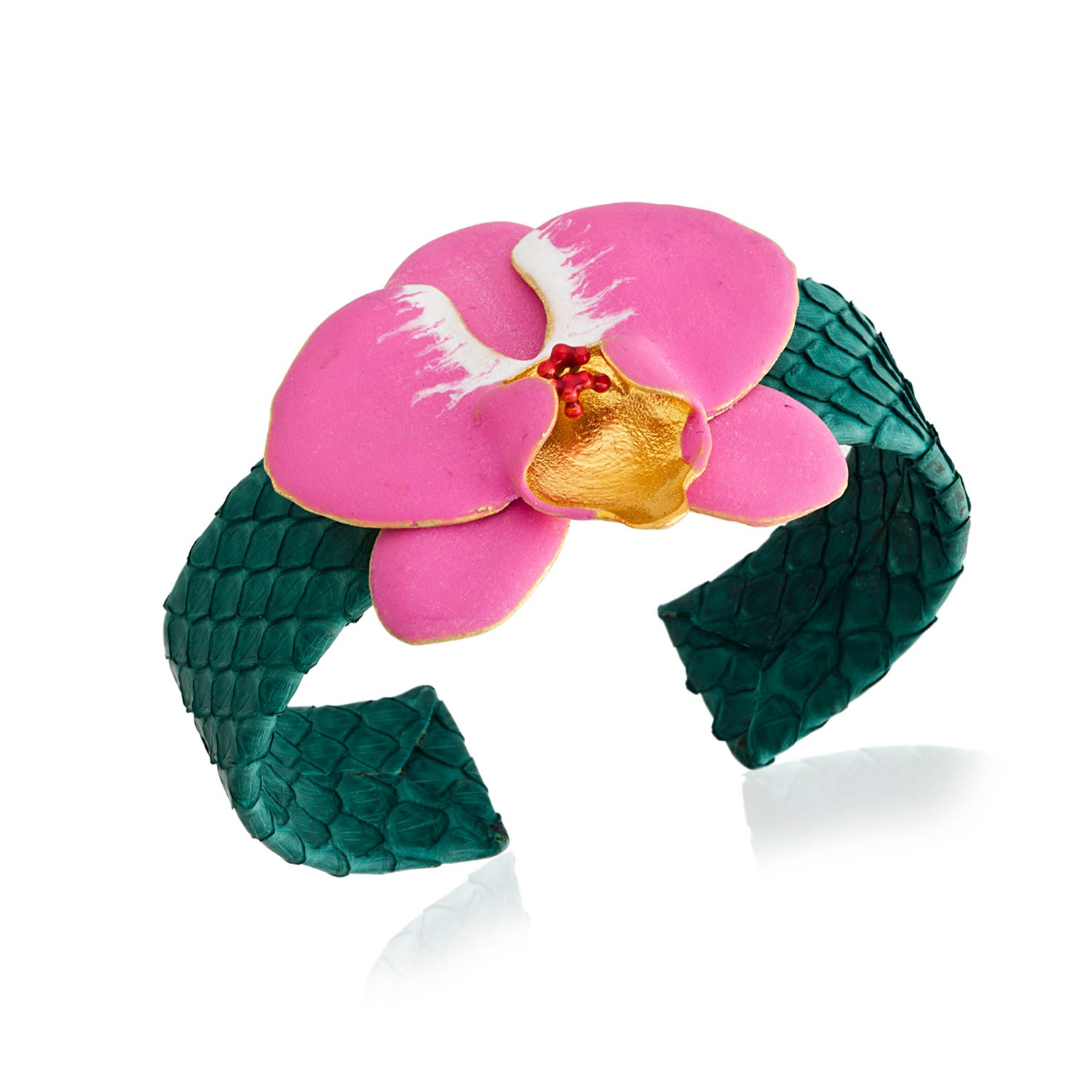 Milou Jewelry Women's Fuchsia Pink Orchid Flower Green Leather Cuff Bracelet