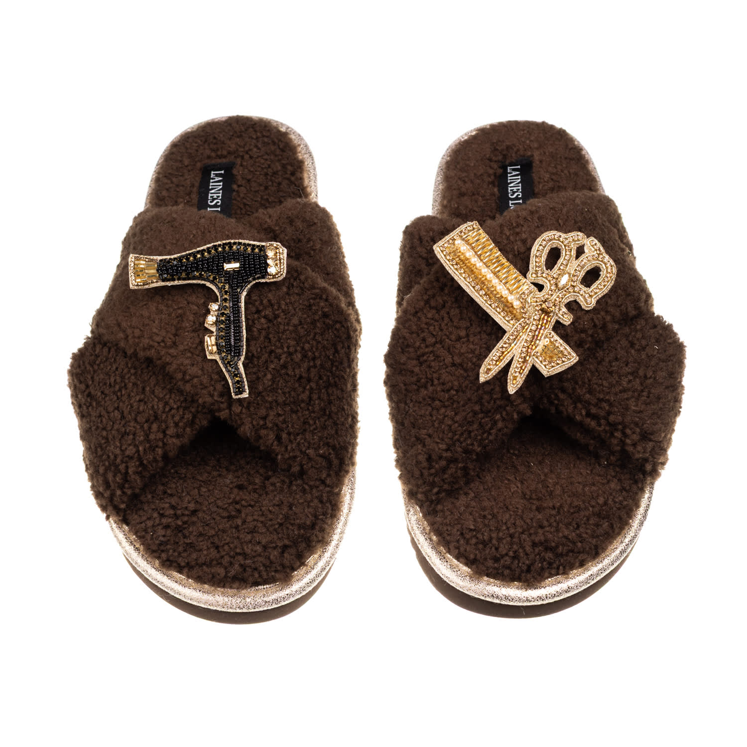 Laines London Women's Brown / Neutrals Laines Neutral Boucle Slippers With Hairdresser Brooches - Chocolate