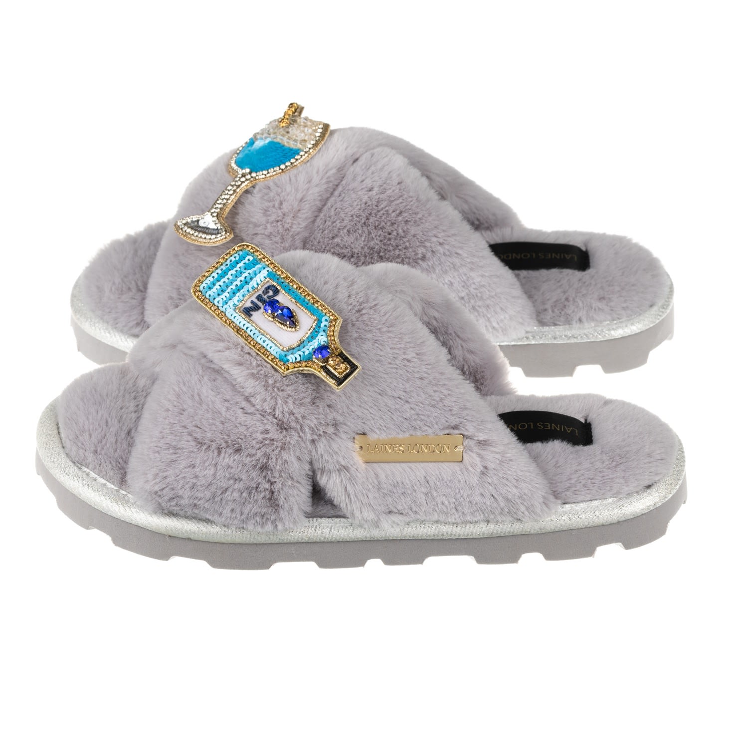Laines London Women's Ultralight Chic Laines Slipper Sliders With Blue Sapphire Gin Brooches Brooches - Grey In Gray