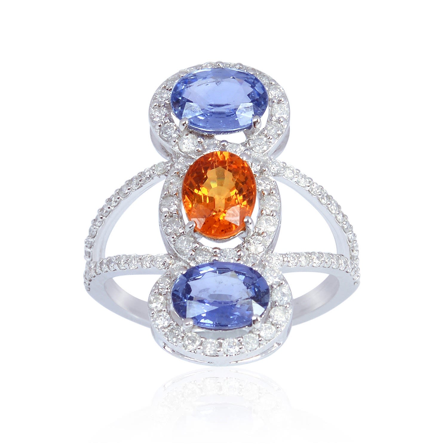 Women’s White / Blue / Yellow Solid White Gold Pave Diamond Sapphire Ring Designer Jewelry Artisan