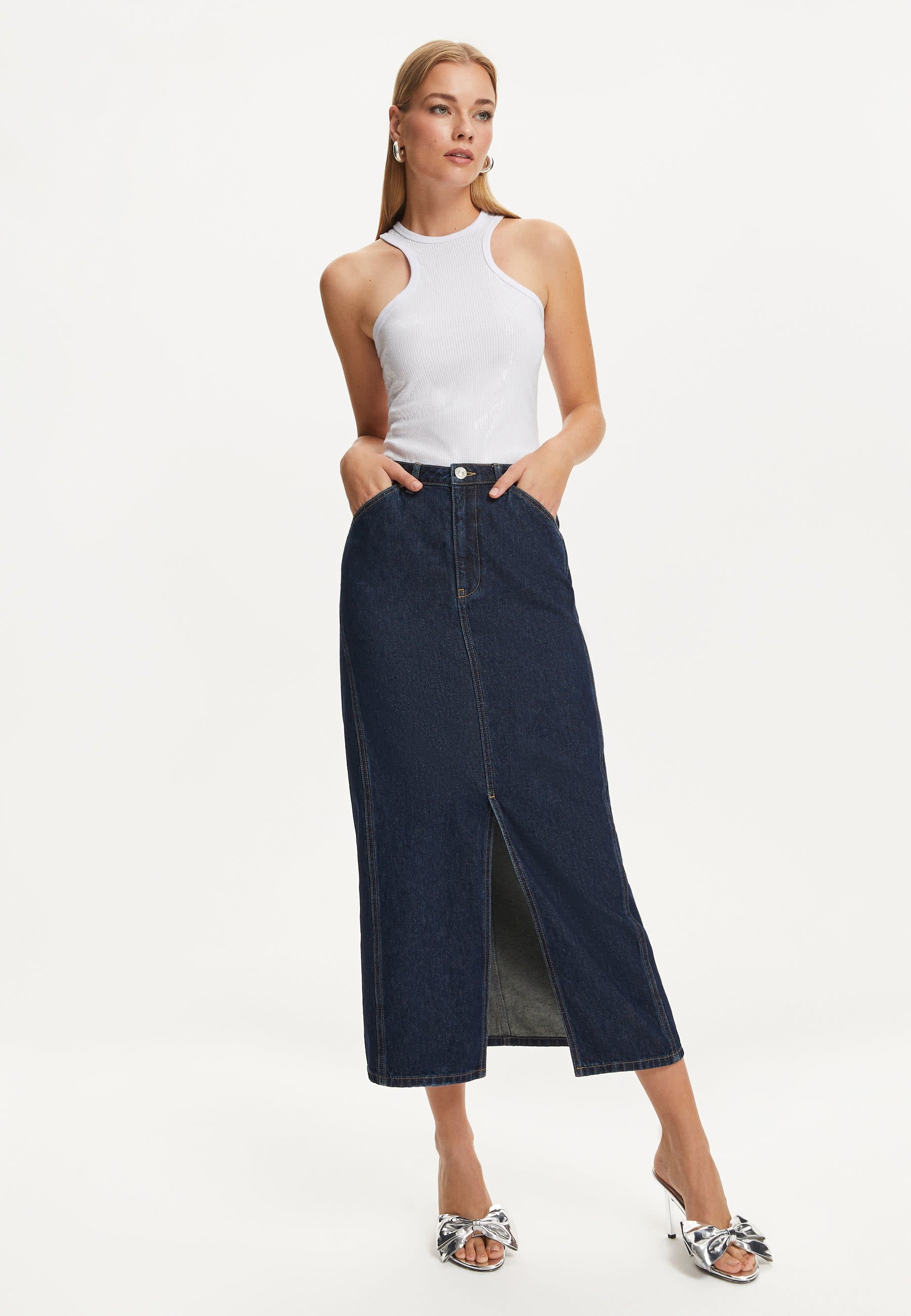 Jayde High Rise Denim Midi Skirt