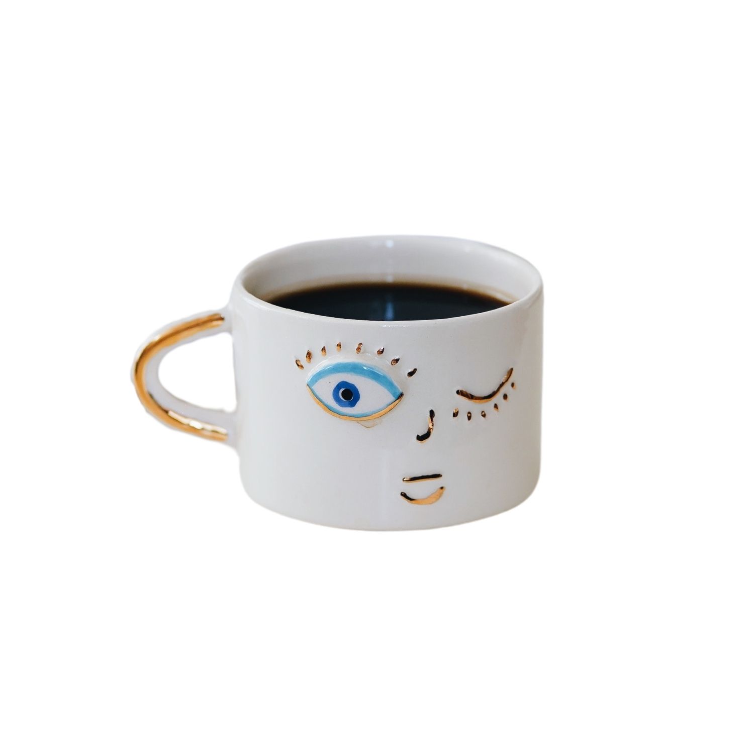 Anatoliacraft Handmade Winking Face Ceramic Mug With Gold-plated Handle