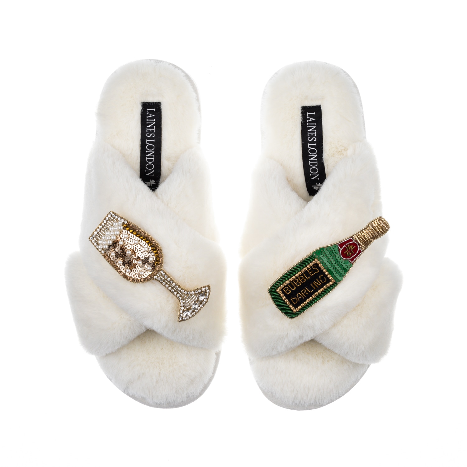 Women's White Classic Laines Slippers With Bubbles Darling Brooches - Cream | Extra Large | Laines London