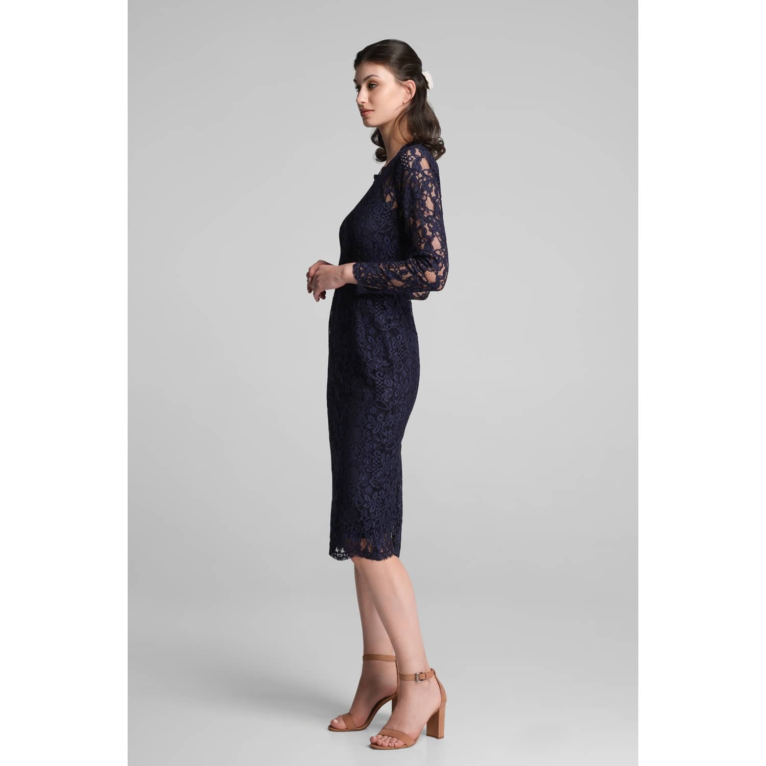 Rumour London Chiara Long Sleeve Lace Pencil Dress - Blue