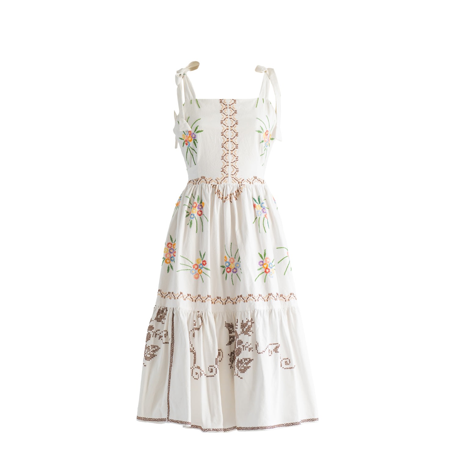 Sugar Cream Vintage Women's Re-design Upcycled African Daisy Embroidered Cotton Midi Dress In Multi
