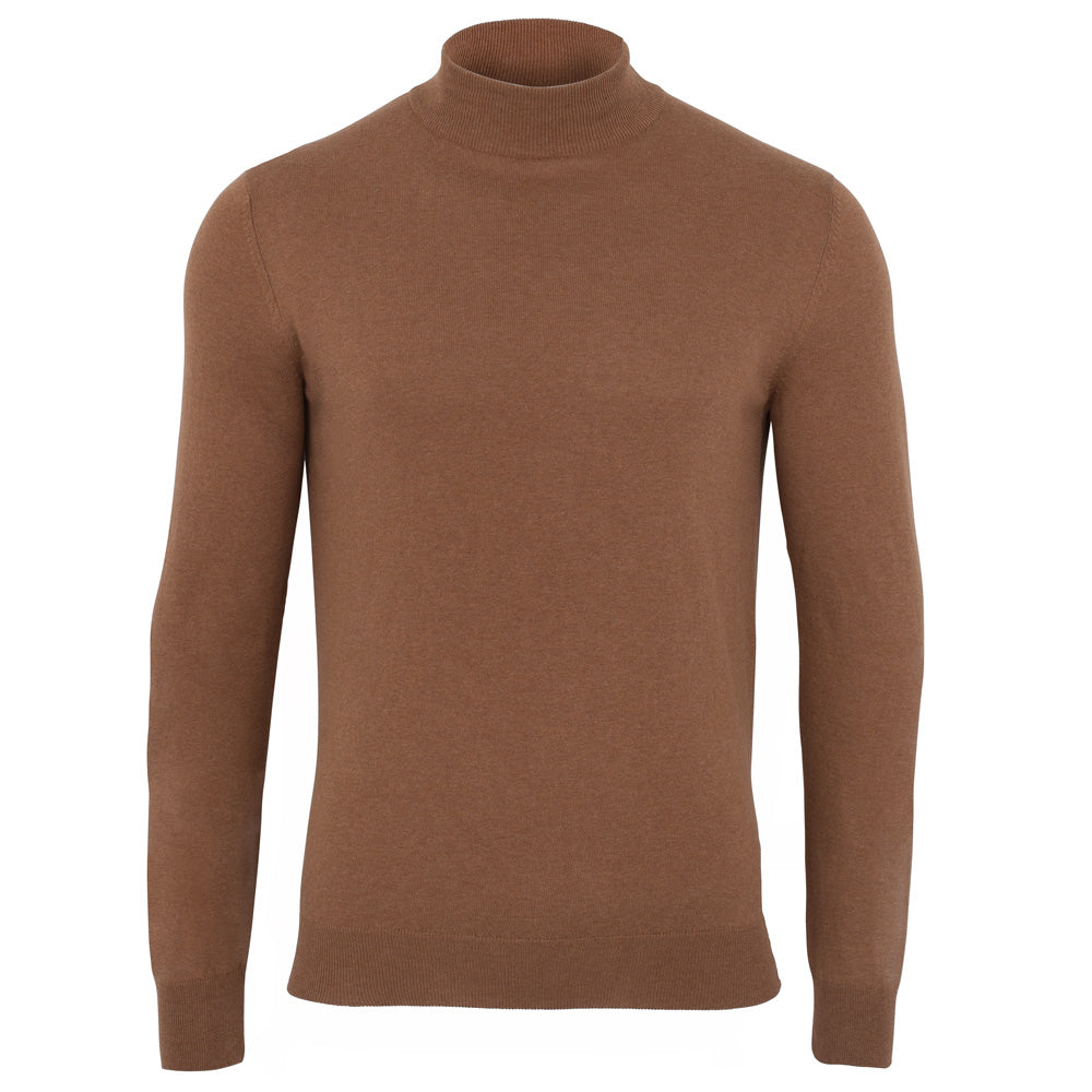 Paul James Knitwear Brown Mens Ultra Fine Cotton Mock Turtle Neck Spencer Jumper  - Camel In Brown