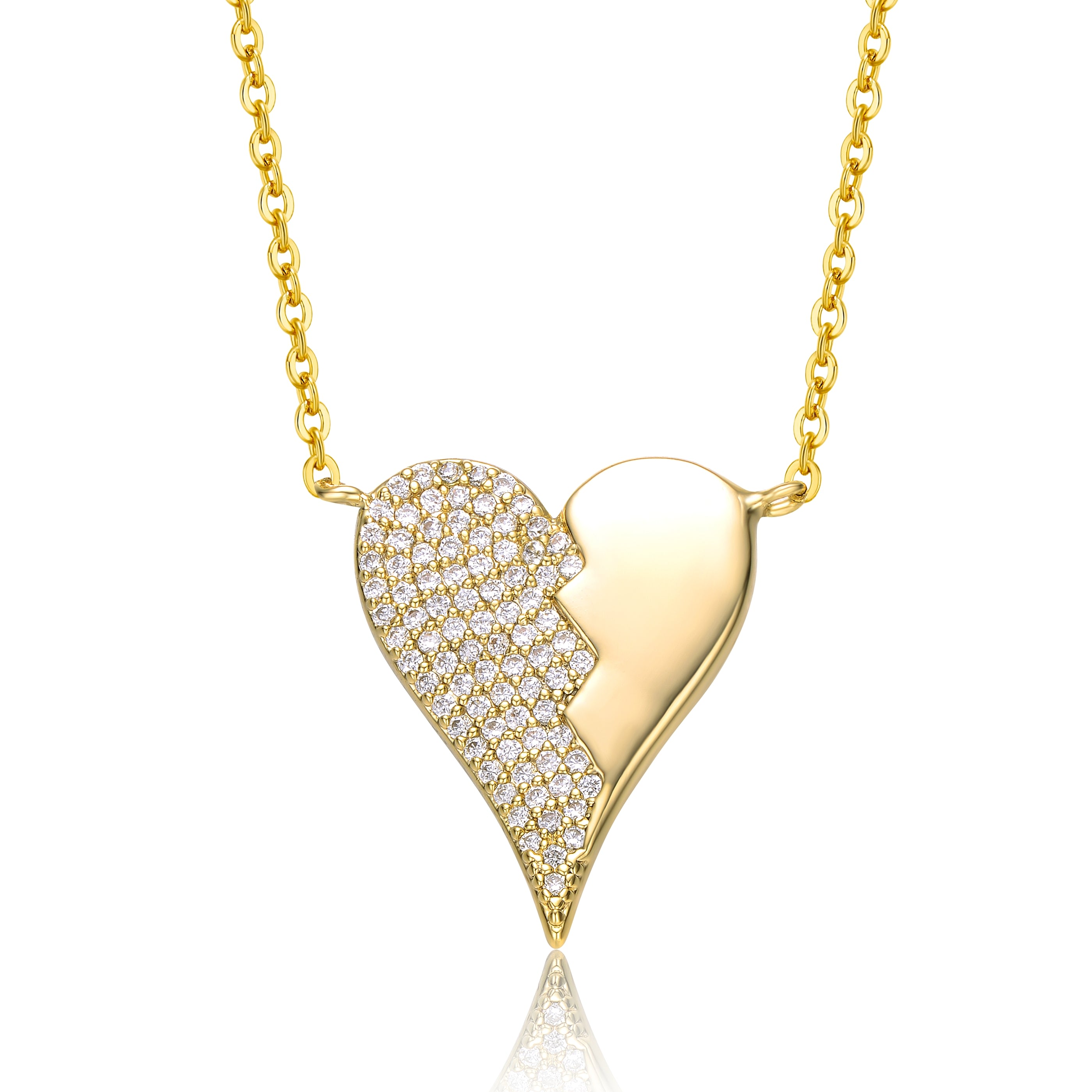 Women’s Gold / White Rachel Glauber Yellow Gold Plated With Cubic Zirconia Broken Cracked Zig-Zag Half & Half Stolen Heart Pendant Necklace Genevive Jewelry