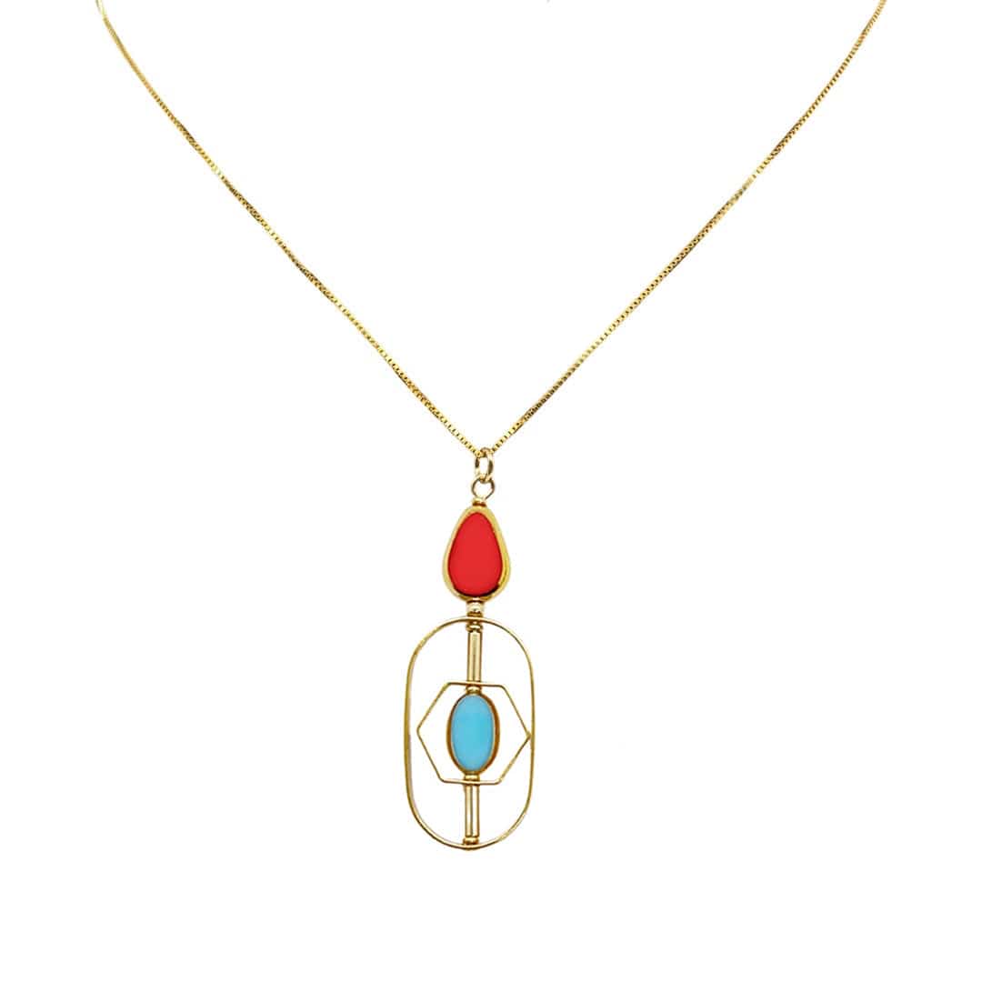 Women’s Geometric Art Redish-Orange And Baby Blue Chain Necklace Aracheli Studio