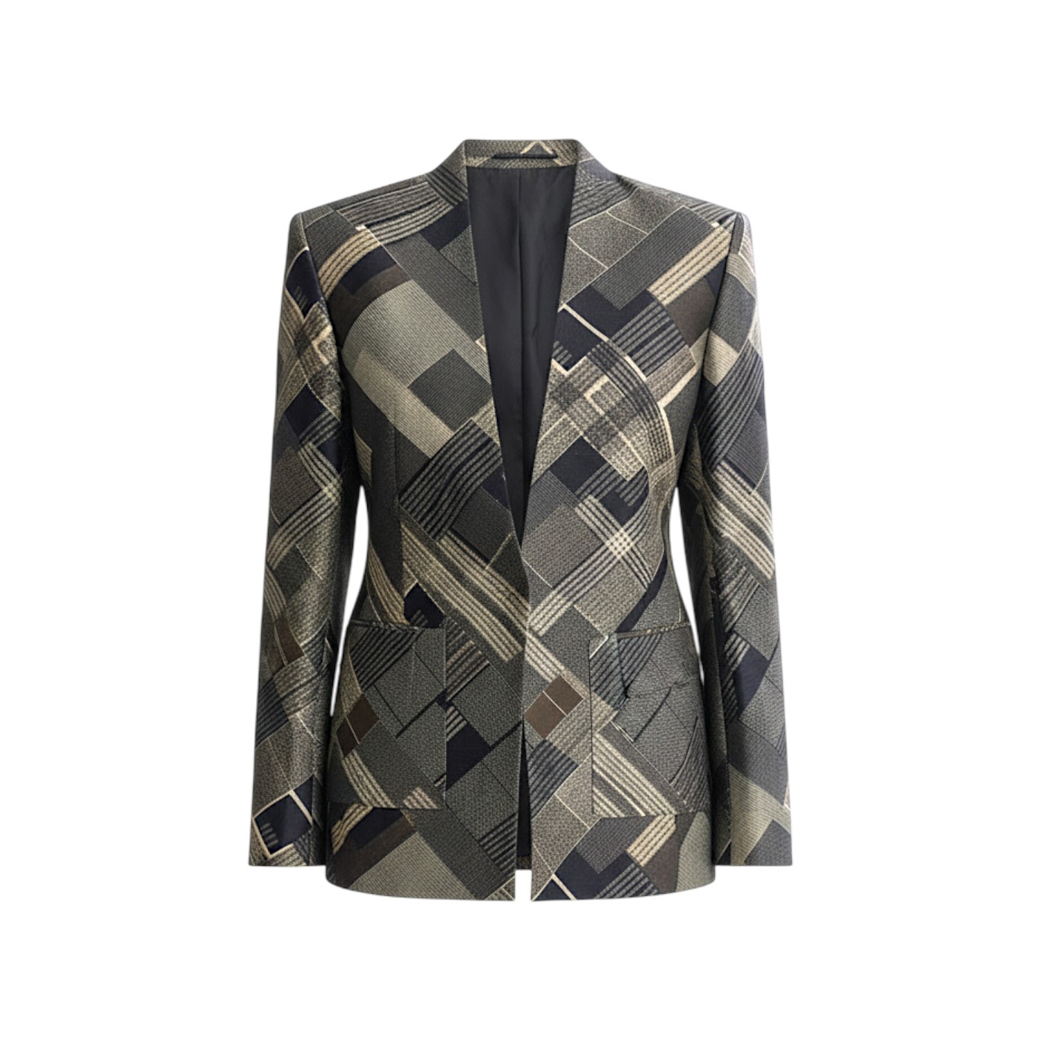 Women's Gold / Black / Brown Unisex Lapel-Free Blazer In Pure Tussar Silk With Graphic Checks | Small | Stovaria