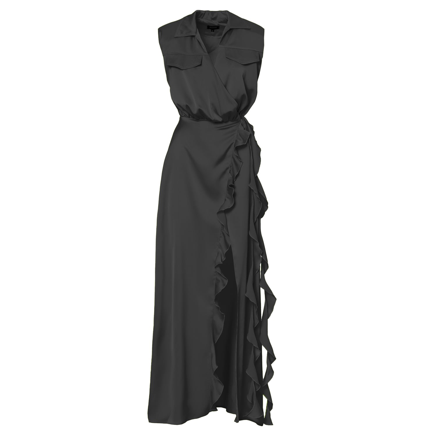 Bluzat Women's Black Maxi Dress With Oversized Shoulders And Ruffled Slit In Black