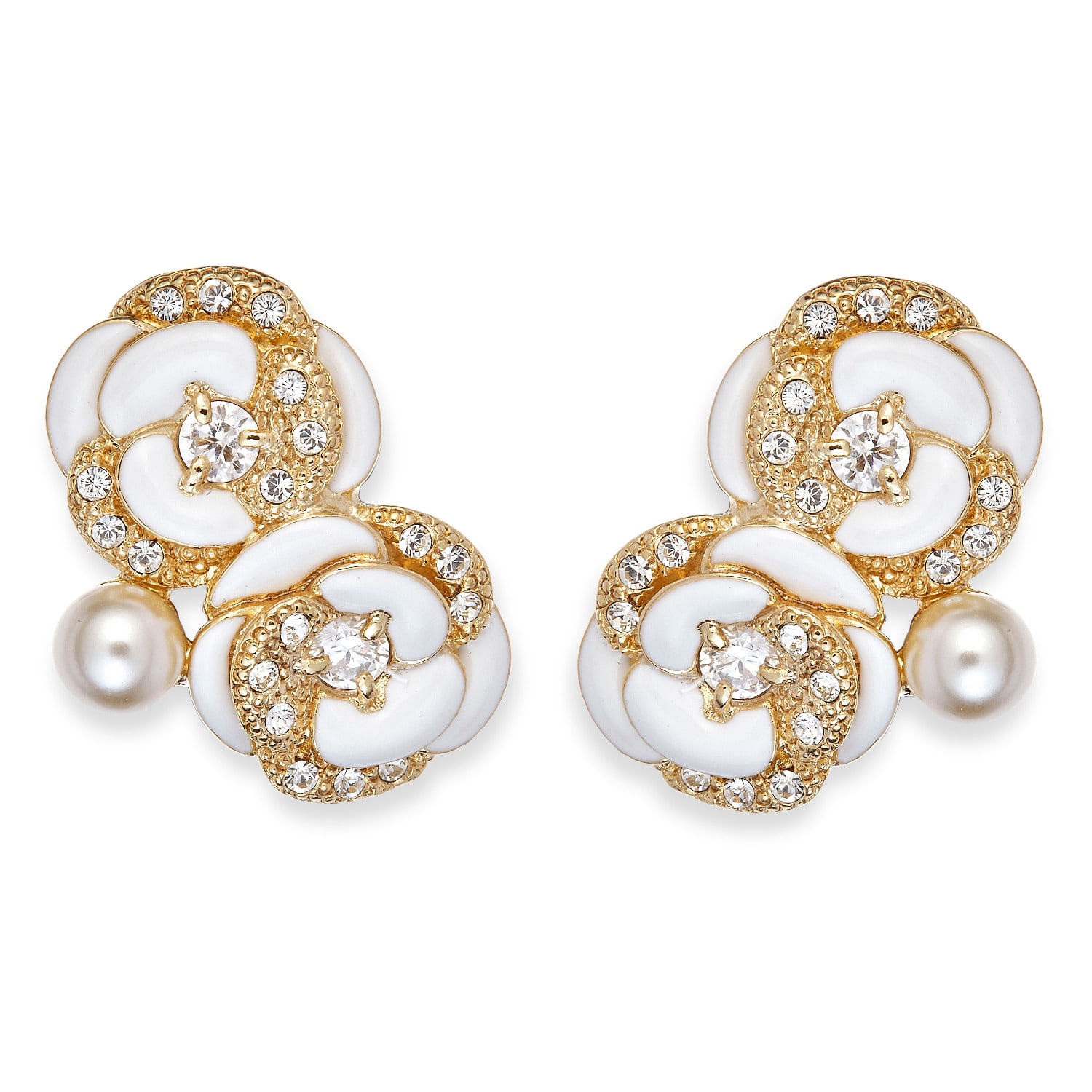 Grossé Women's Gold / White Crystal & Pearl Gold Flower Clip On Earrings, Series Blanc Camelia