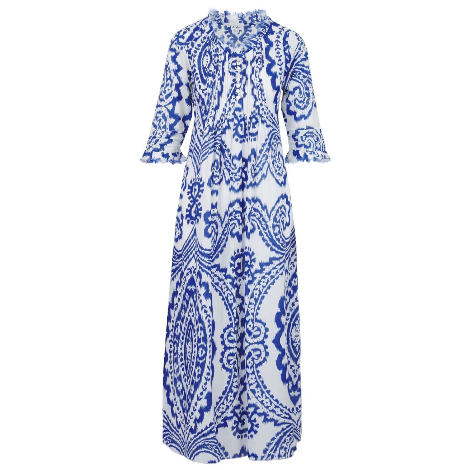 At Last... Women's Cotton Annabel Maxi Dress In Blue & White Ikat In Blue