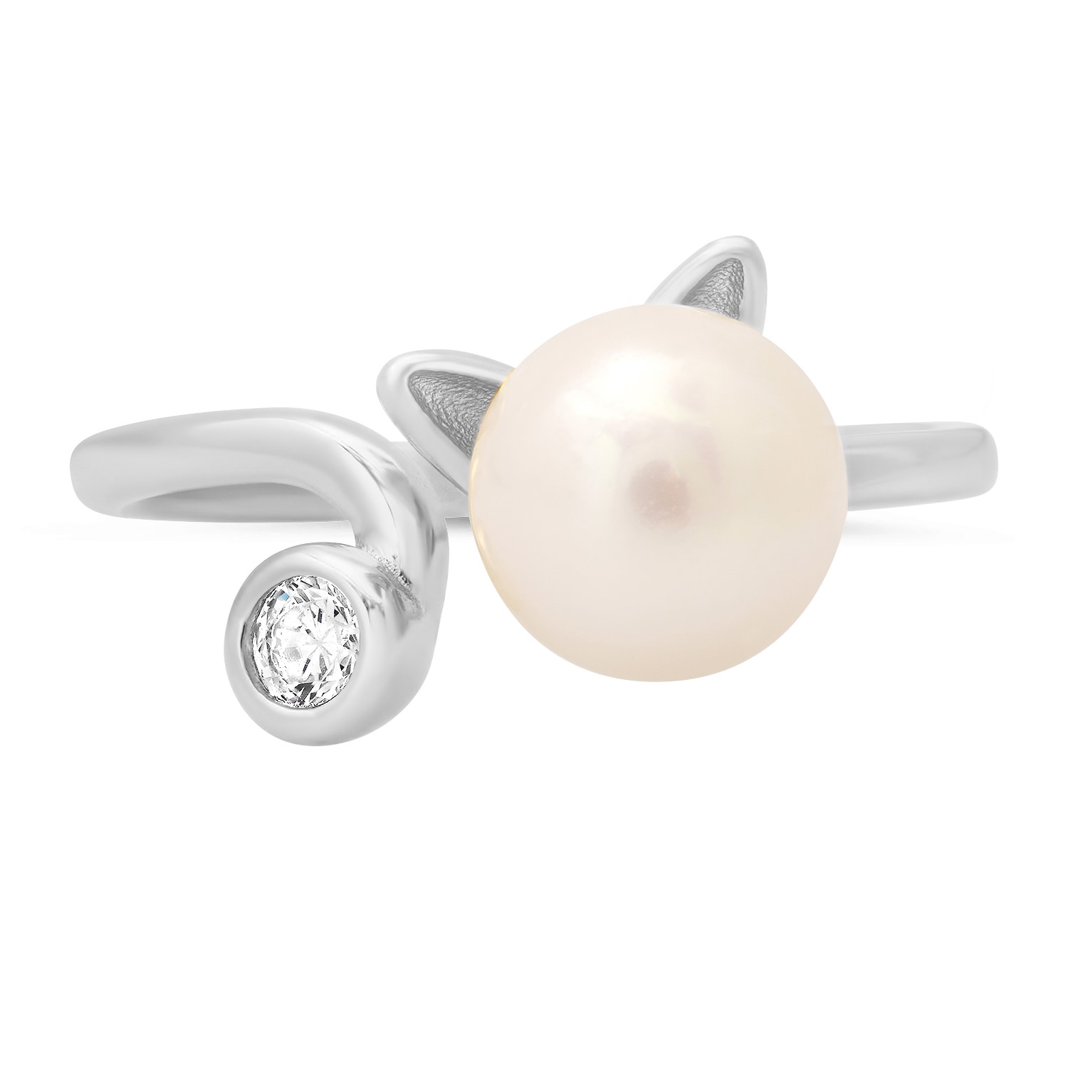 Kylie Harper Women's Sterling Silver Kitty Cat Pearl & Diamond Cz Ring