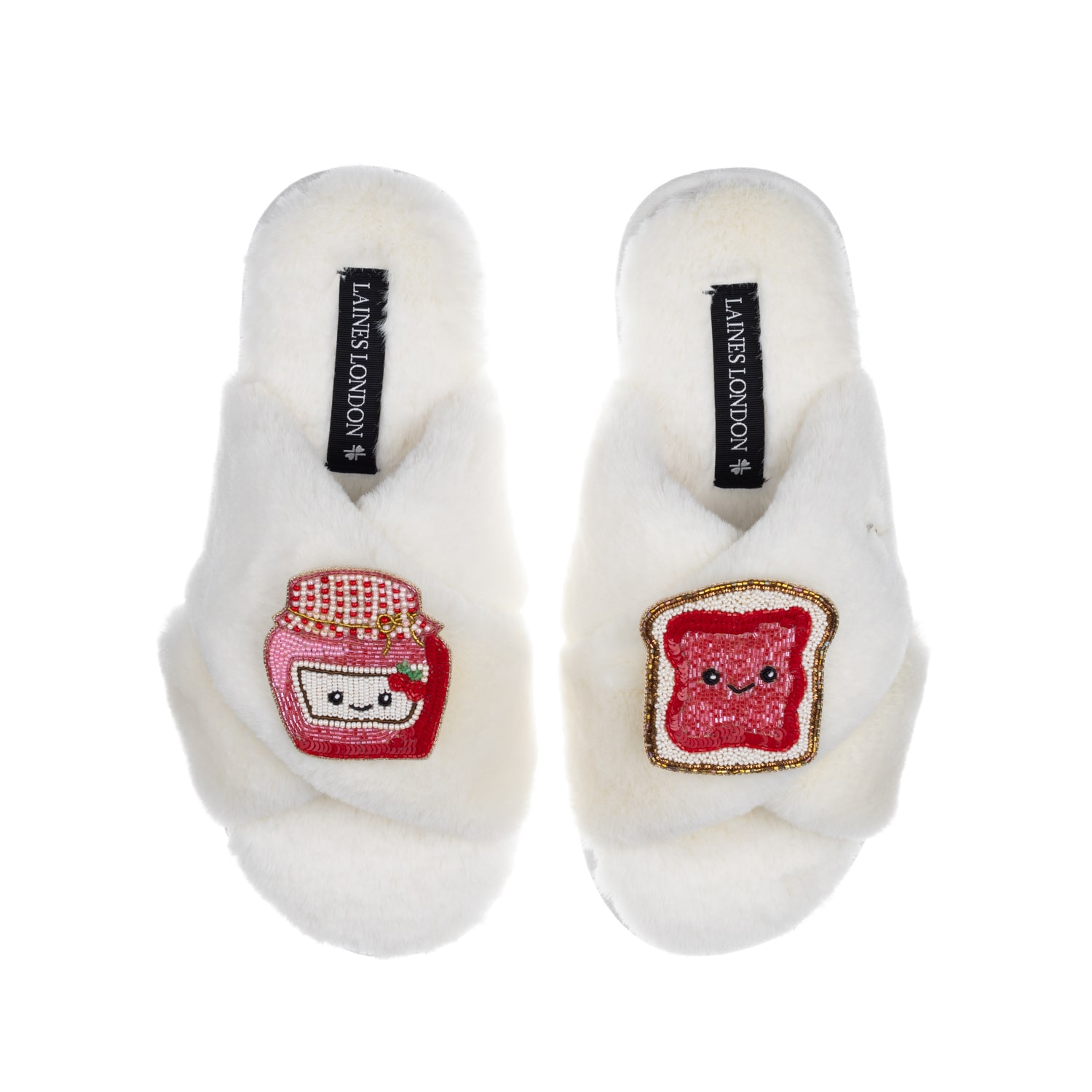 Laines London Women's White Classic Slippers With Laines Loveables Jam & Toast Brooches - Cream In White