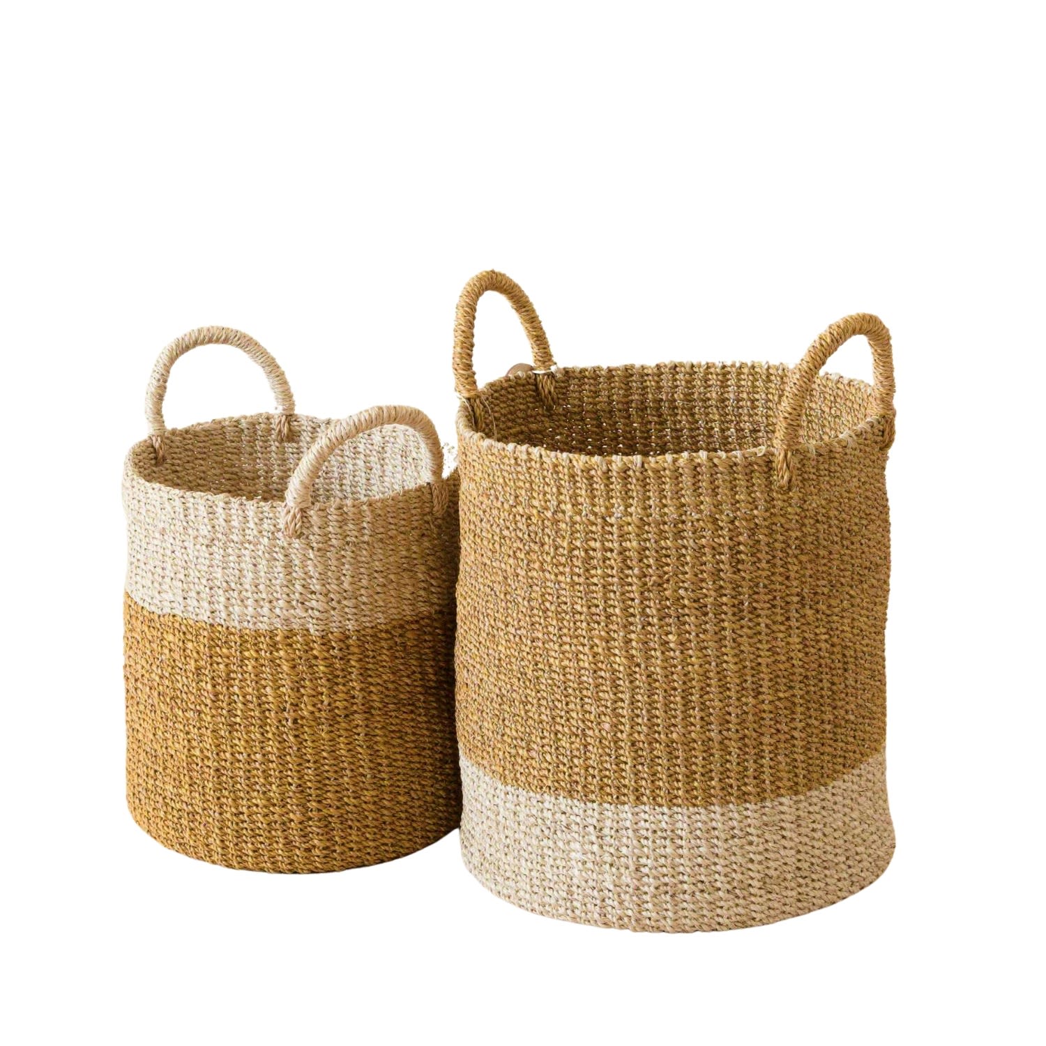 Likha Neutrals Mustard Baskets With Handle Set Of Two - Cylinder Baskets In Yellow