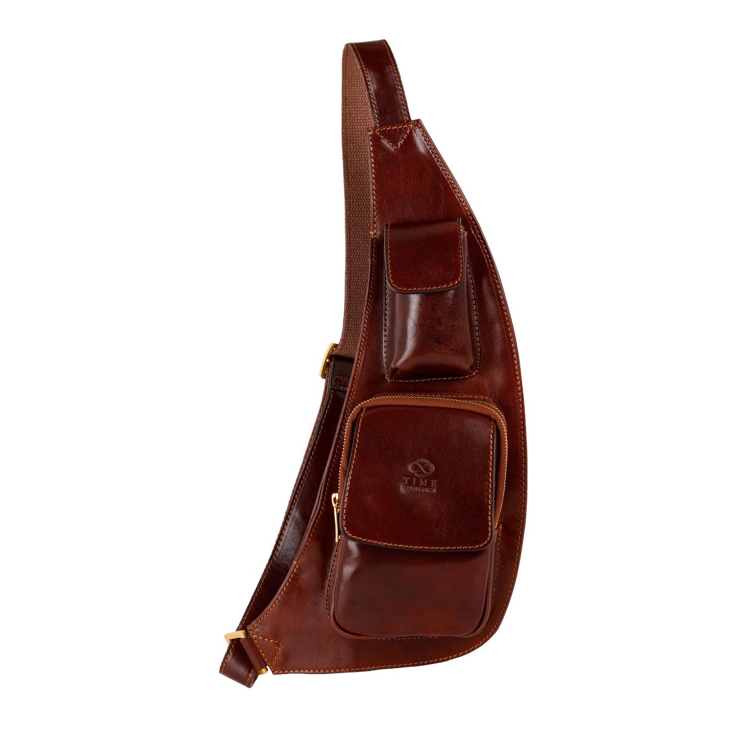 Time Resistance Men's Brown Leather Sling Bag Crossbody Bag - The Monk