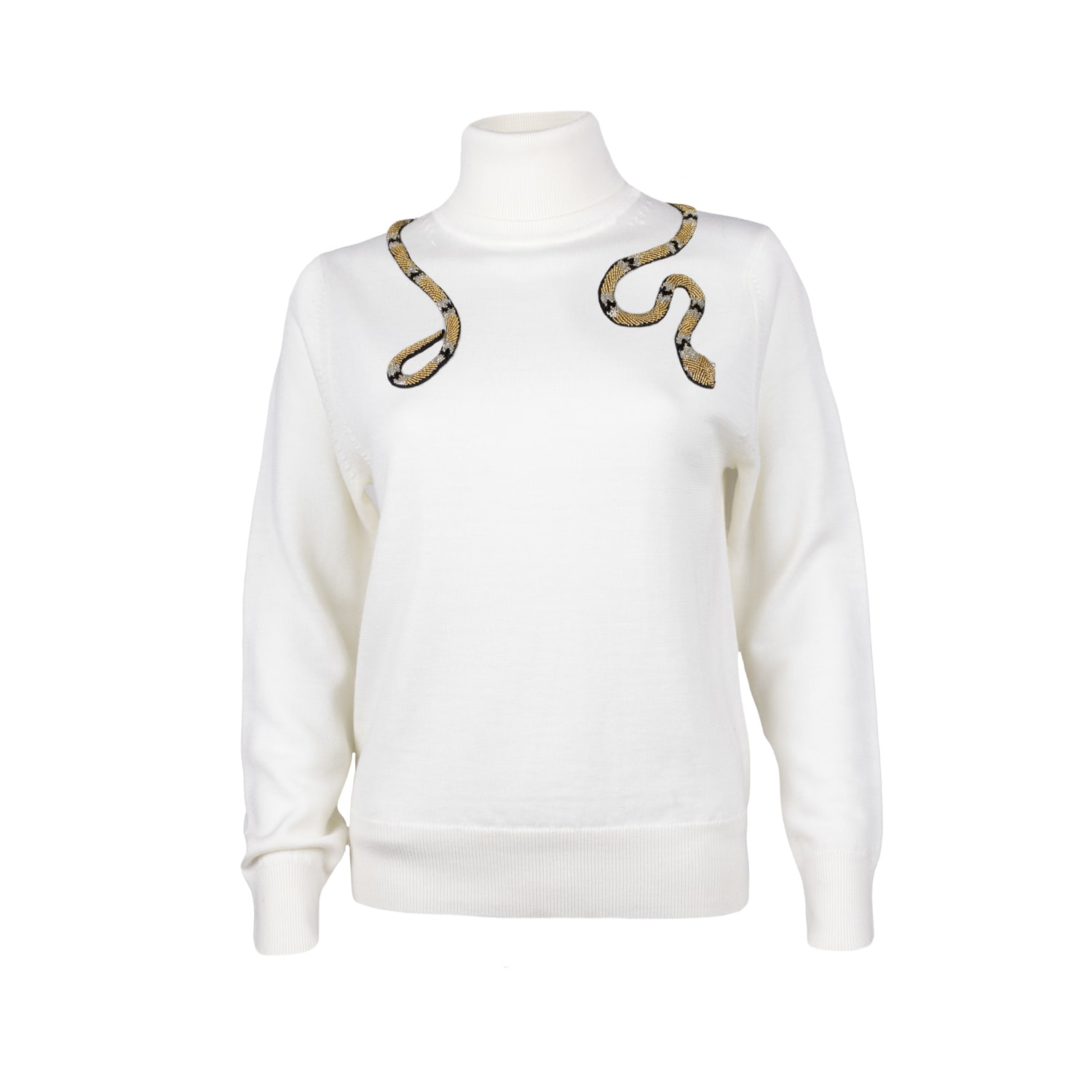 Laines London Women's Neutrals Laines Couture Wrap Gold Snake Embellished Knitted Roll Neck Jumper - Cream In White/yellow