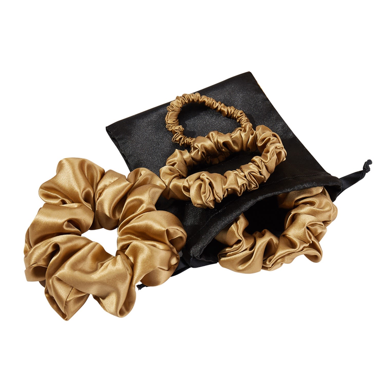 Women's Set Of Four Pure Mulberry Silk Scrunchies | One Each Size In Gold | One Size | Soft Strokes Silk