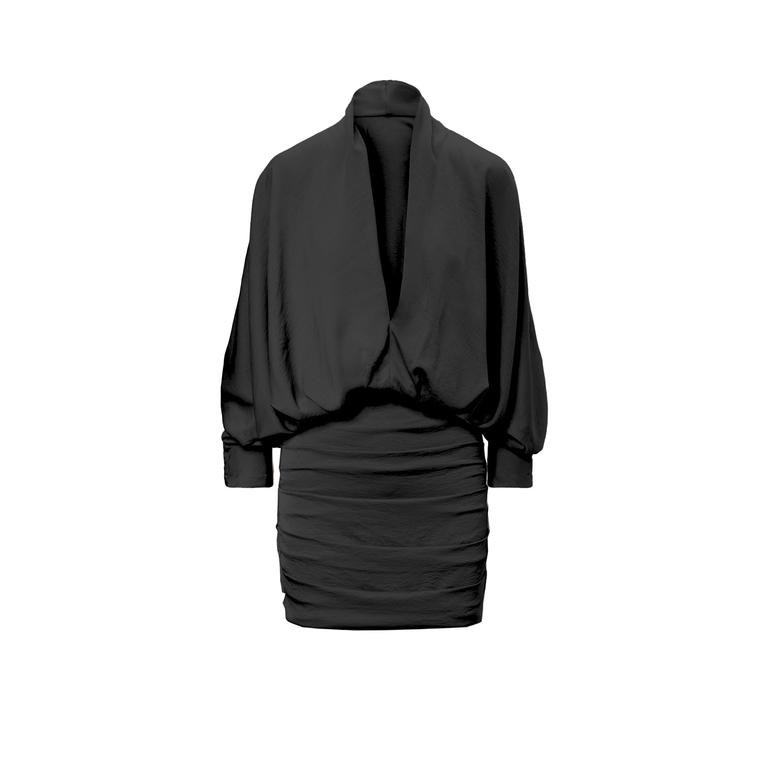 Women’s Black Mini Dress With Draping Detailing And Wide Sleeves Large Bluzat