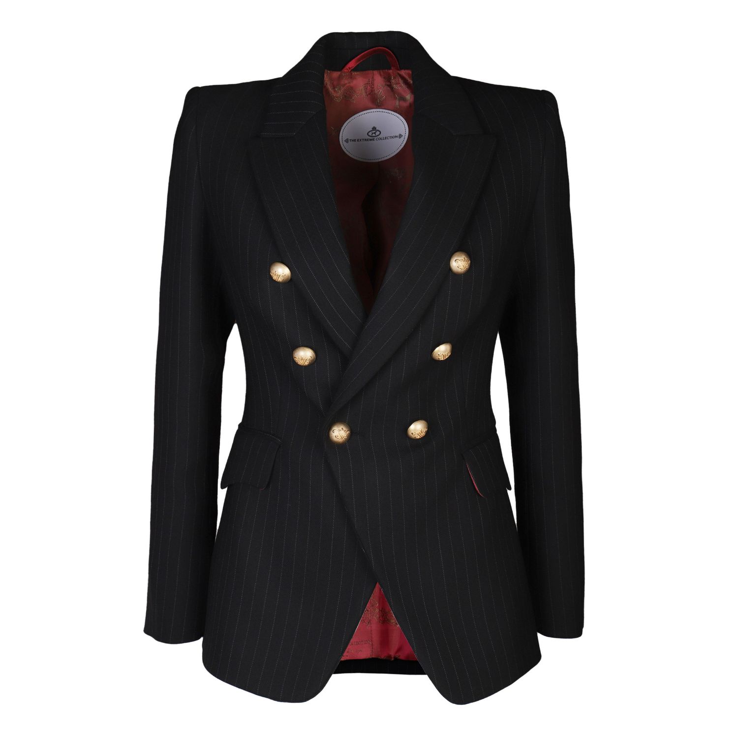 Women’s Black Pinstripe Double Breasted Blazer With Golden Button Chloe Medium The Extreme Collection