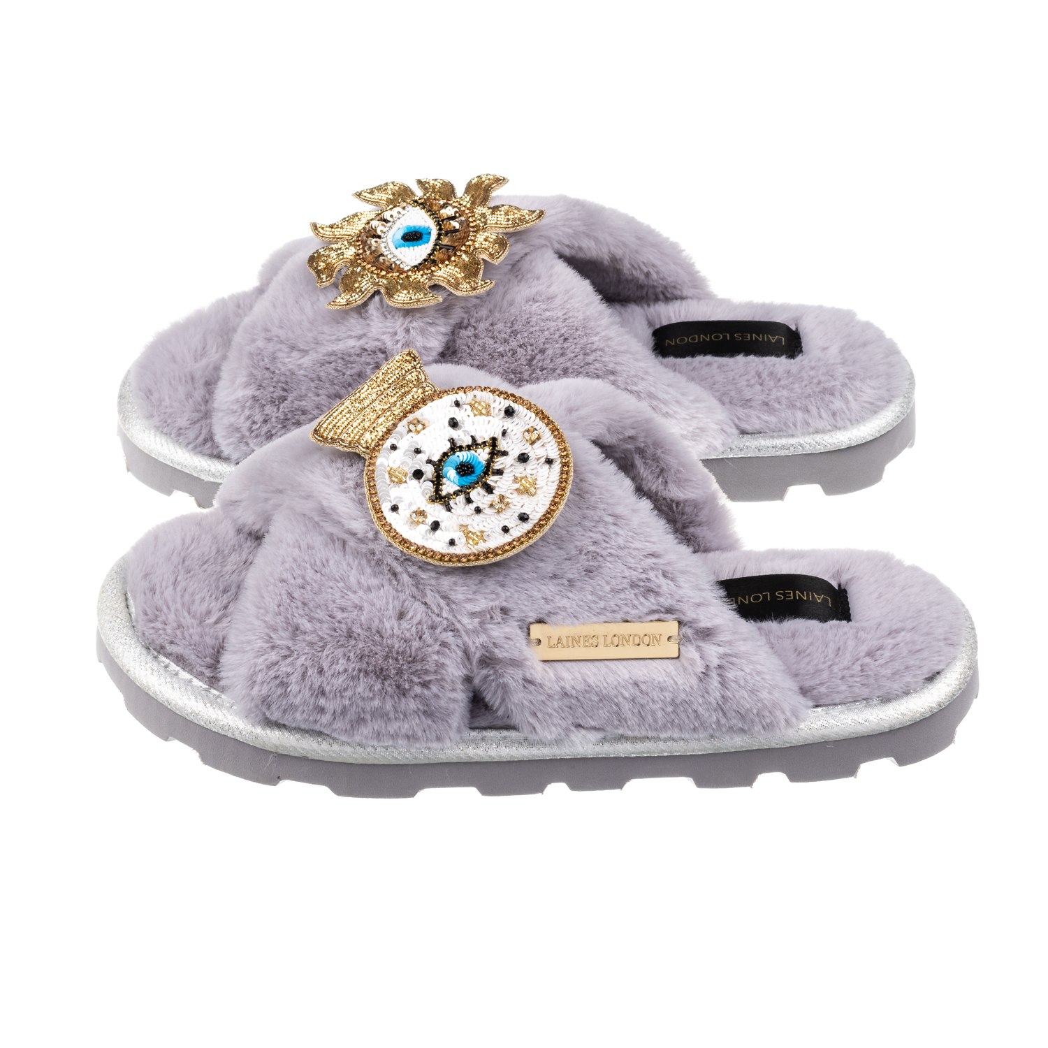 Laines London Women's Ultralight Chic Laines Slipper Sliders With Double Mystic Eye  Brooches - Grey In Gray