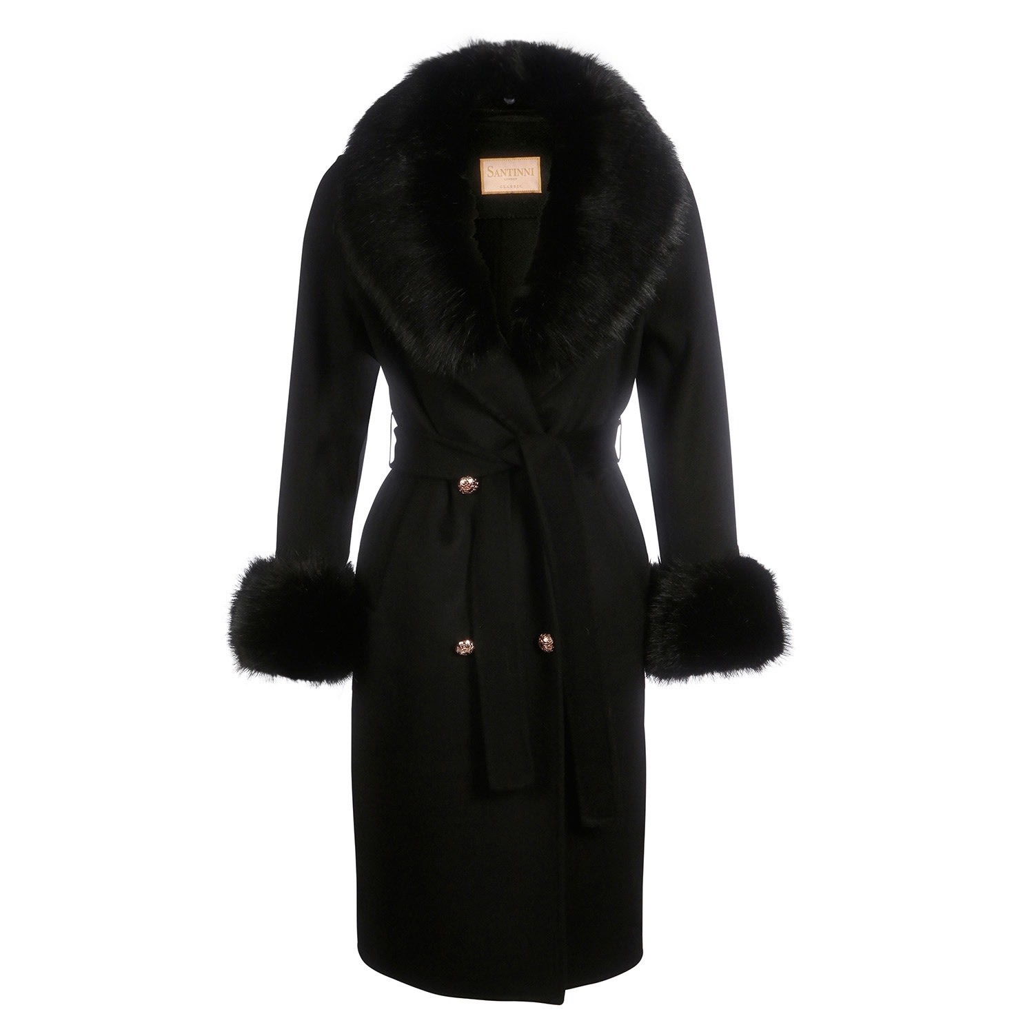 Women’s Black ’Marlene’ 100% Cashmere & Wool Coat With Faux Fur In Nero L/Xl Santinni